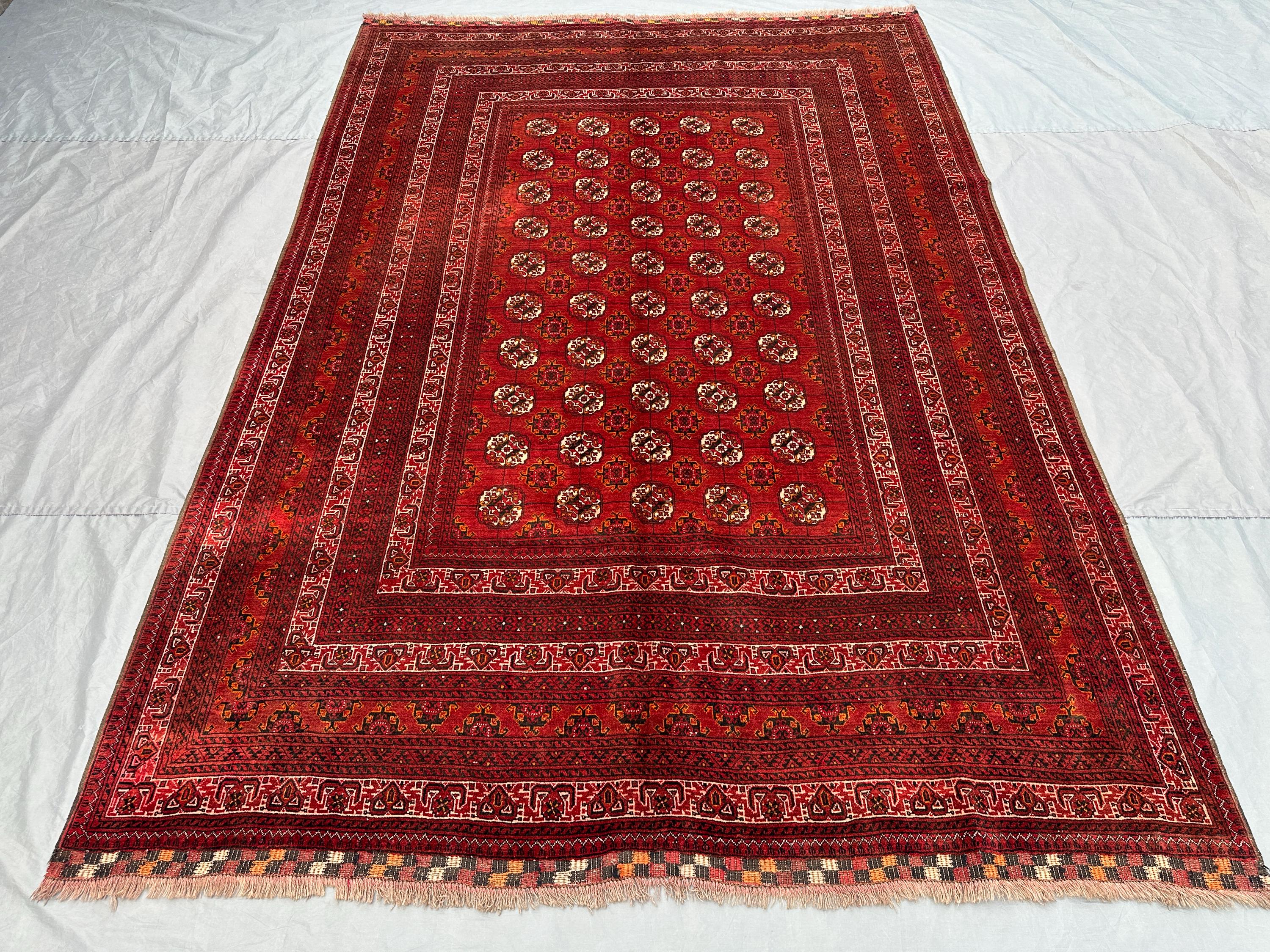 7 x 10 ft Vintage Hand Knotted Turkoman Ersari Rug, Red Tribal Geometric Design, One-of-a-Kind Soft Pile Wool