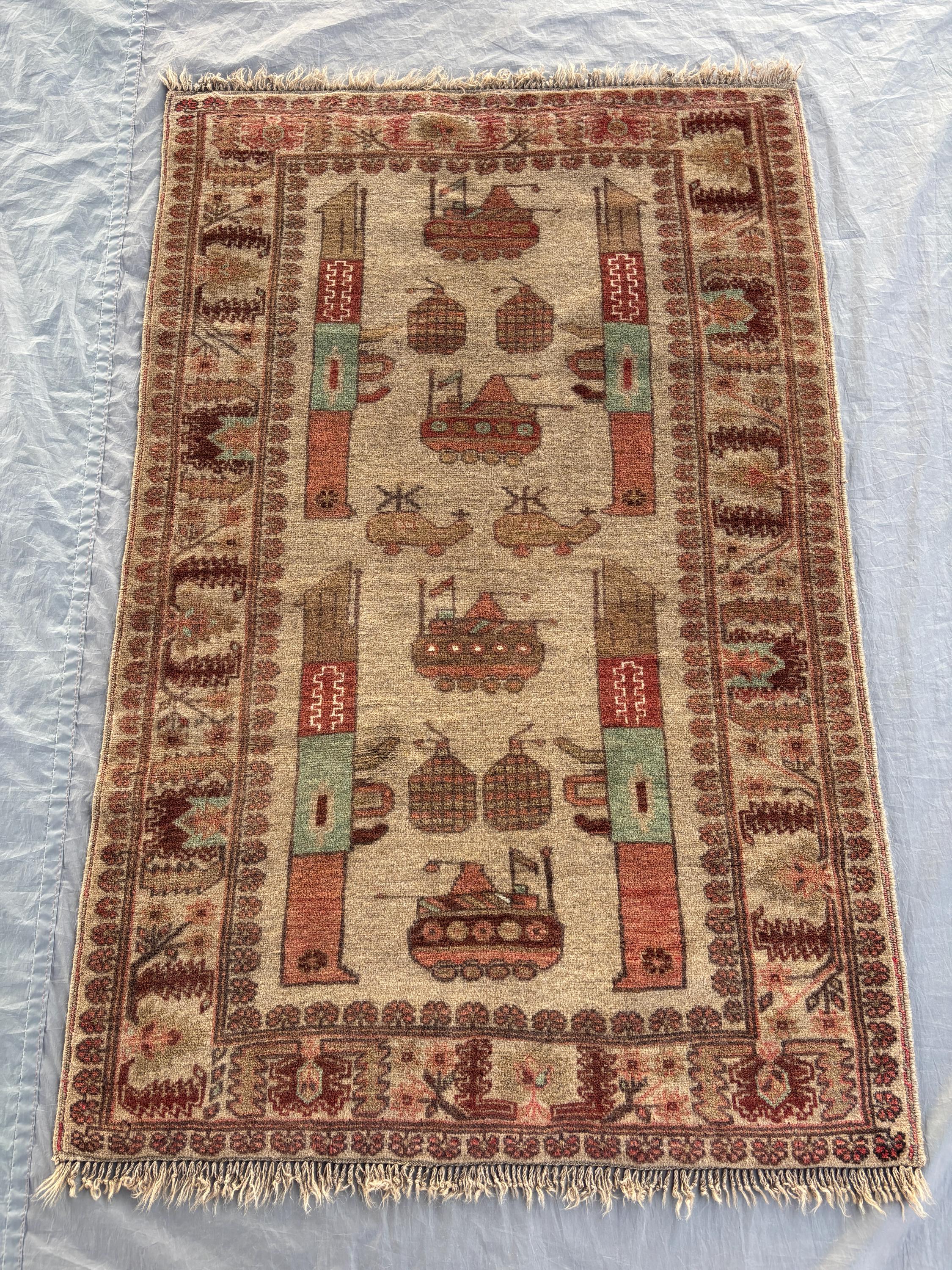 3 x 5 Ft Afghan Hand-Knotted Vintage Soft Pile Rug, One of a Kind Luxury Home Boho Decor, Pictorial War Rug, G