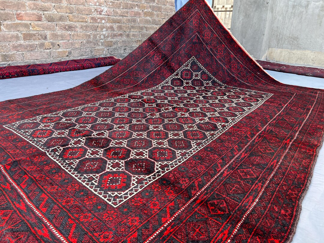 トライバル ウール製 赤い幾何学模様ラグ 約65cm✖️51cm トライバル