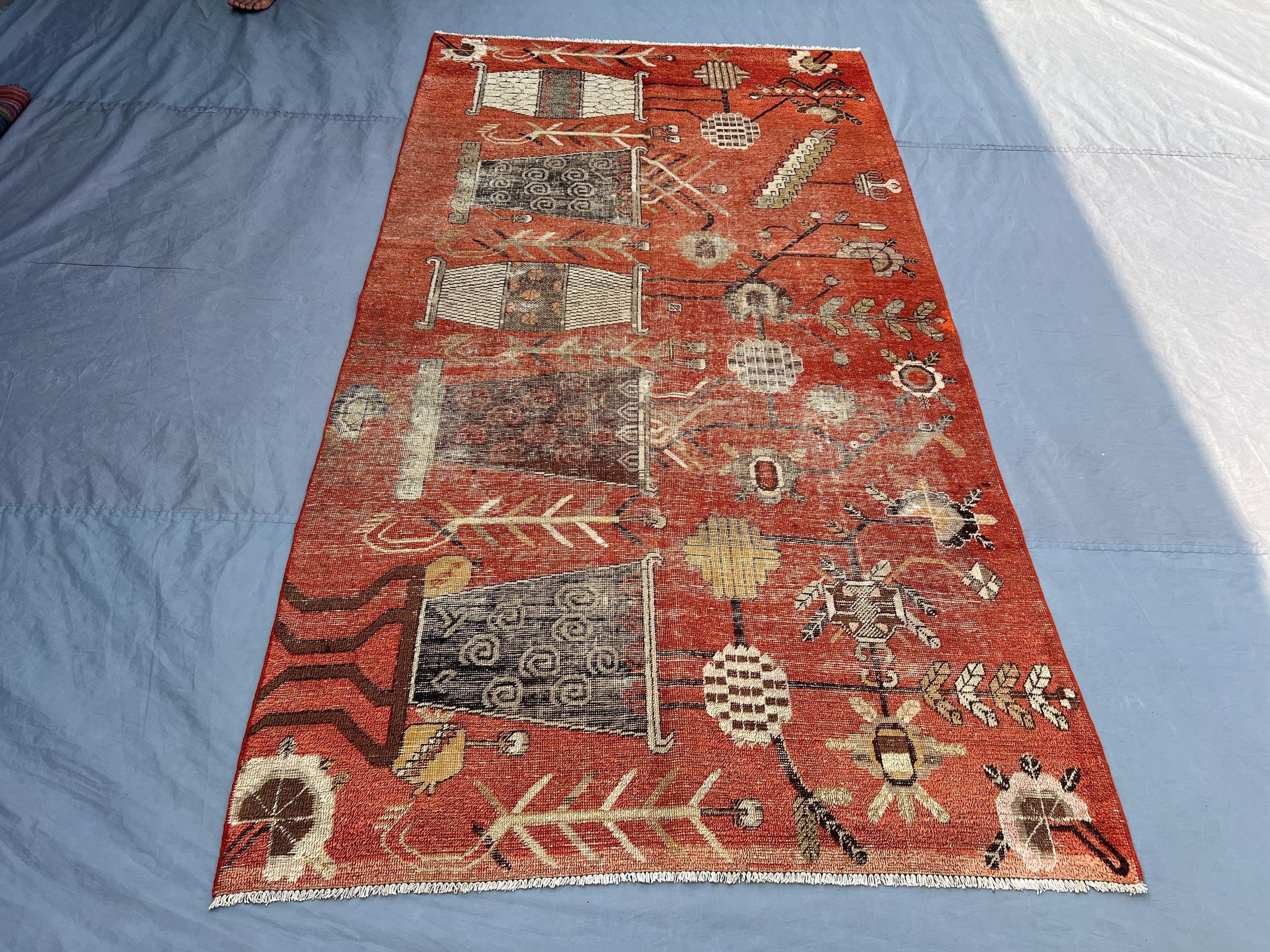 5x9 ft Vintage Turkish Hand Knotted Distressed Rug Low Pile Tribal Geometric Design Authentic Woven rug | living room & farmhouse decor rug