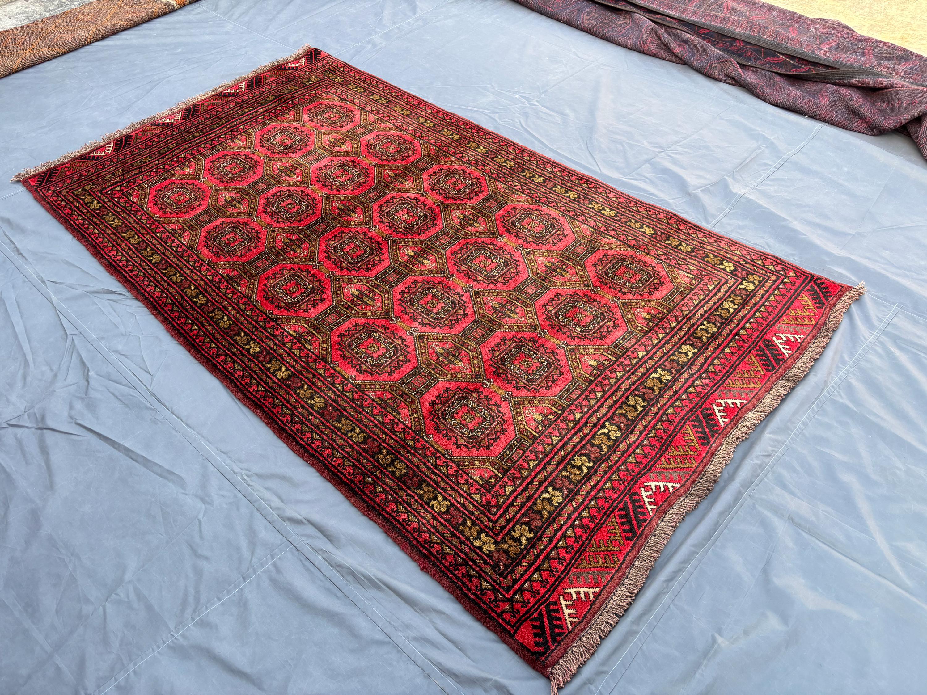 4.3x7.8 Vintage Turkmen Ersari Hand-Knotted Rug, Red Wool Oriental Carpet, Tribal Geometric Medallion Design R