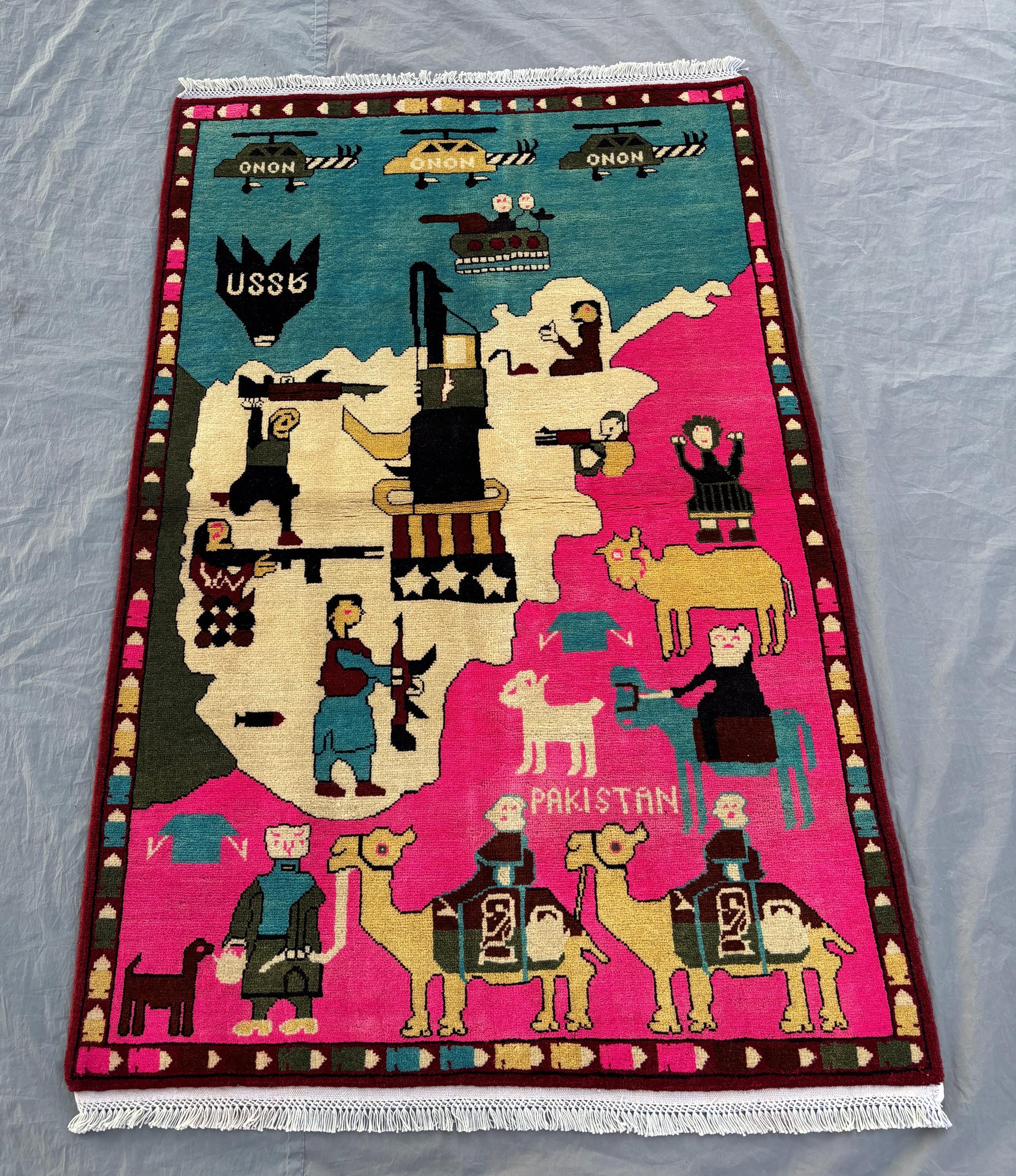 Handmade Afghan Pictorial Rug - Vintage Boho Decor Rug with Unique Artwork War Inspired Design Soft Pile - 3 x 5 ft