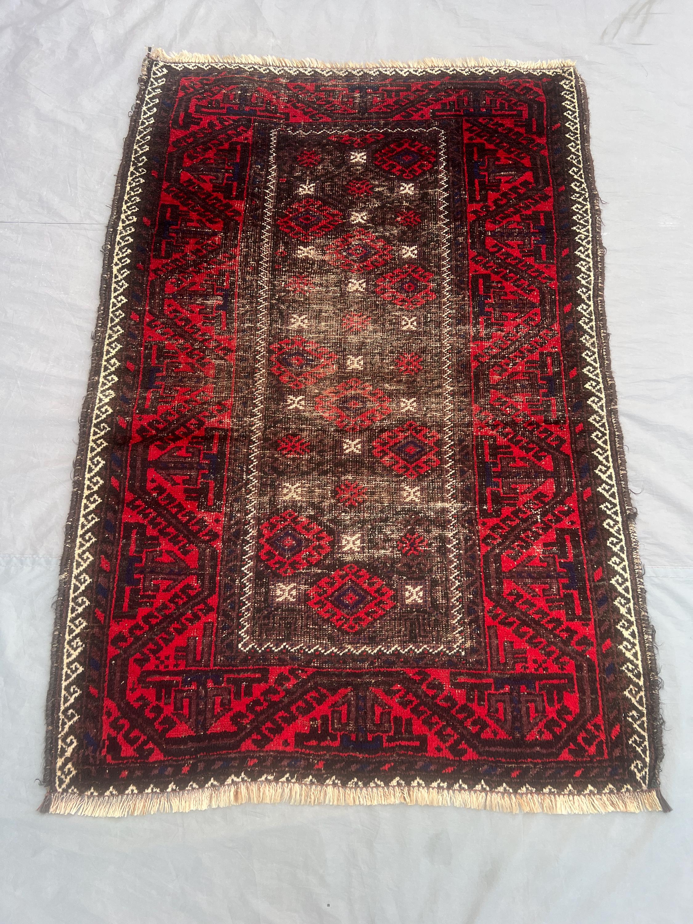 3 x 5 ft Afghan Hand-Knotted Vintage Antique Balochi Rug, Low Pile Distressed One-of-a-Kind, Ancient Design |