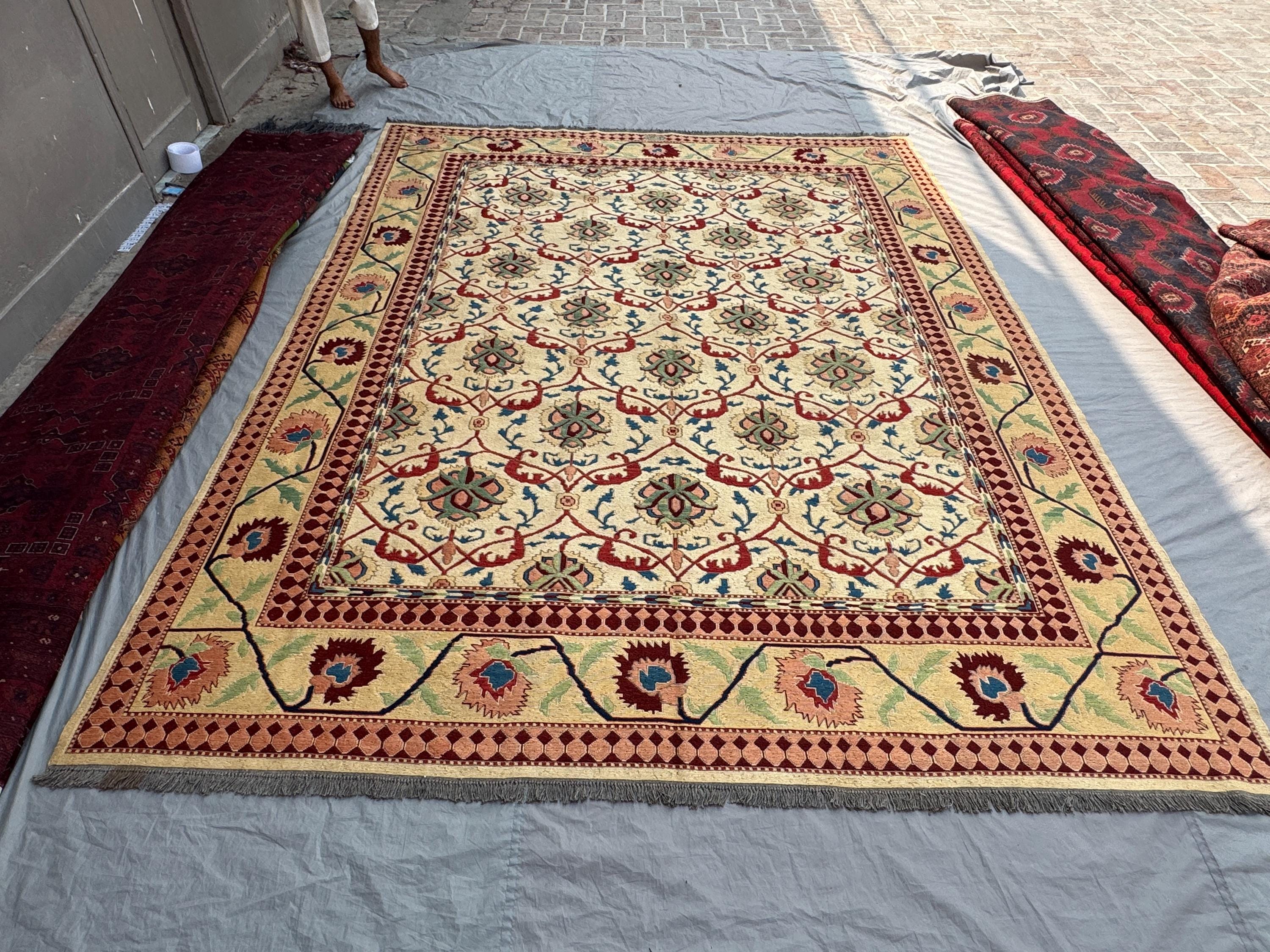 9 x 12 ft Afghan Hand-Woven Vintage Rare Flat-Weave Kilim Rug Large Area Carpet Sumak Balochi Design | geometric Bedroom decor