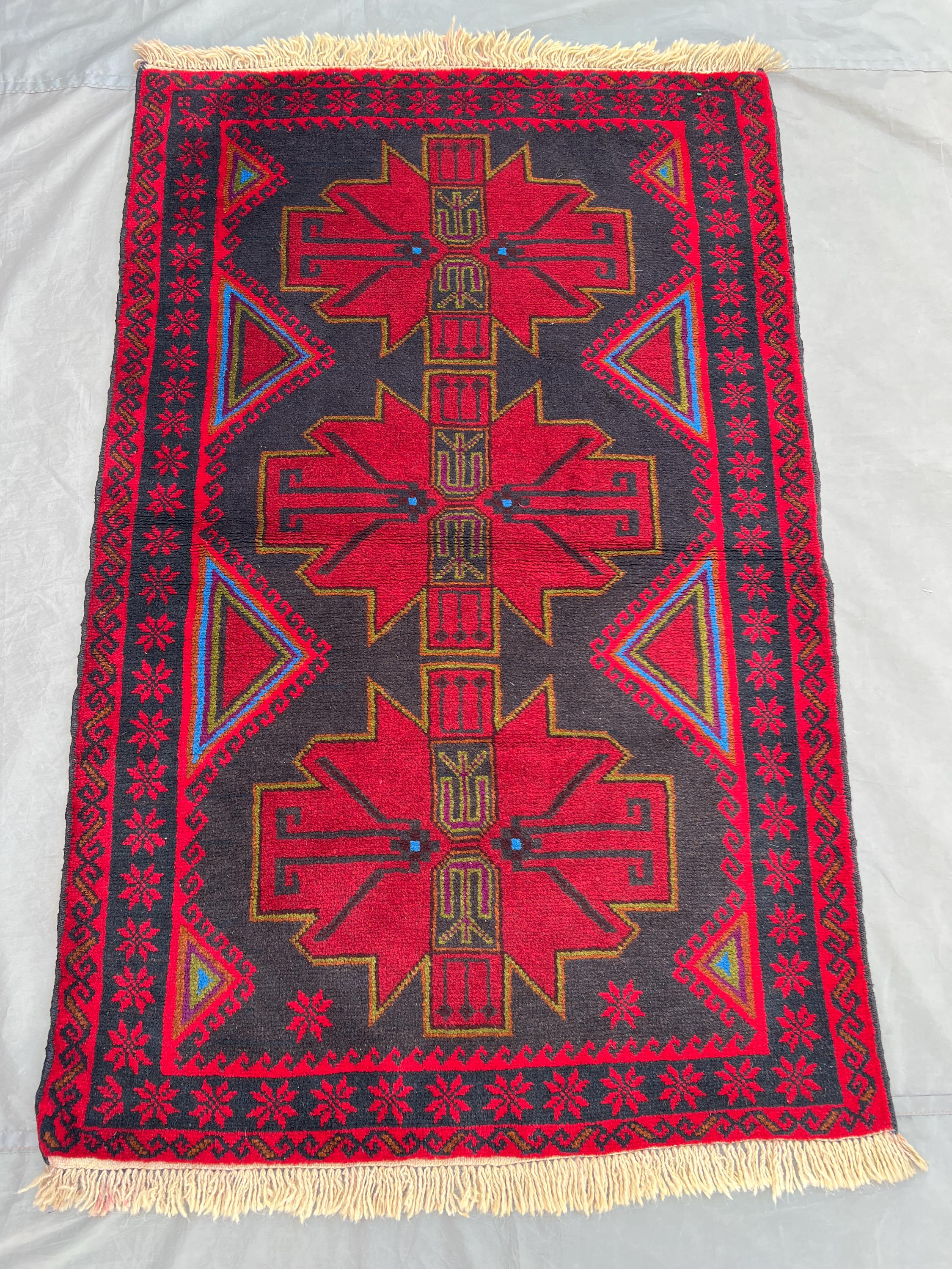 3.2x5 Afghan Baluchi Rug | Hand Knotted Tribal Wool Carpet | Bold Geometric Medallion Design | Red Black Accen