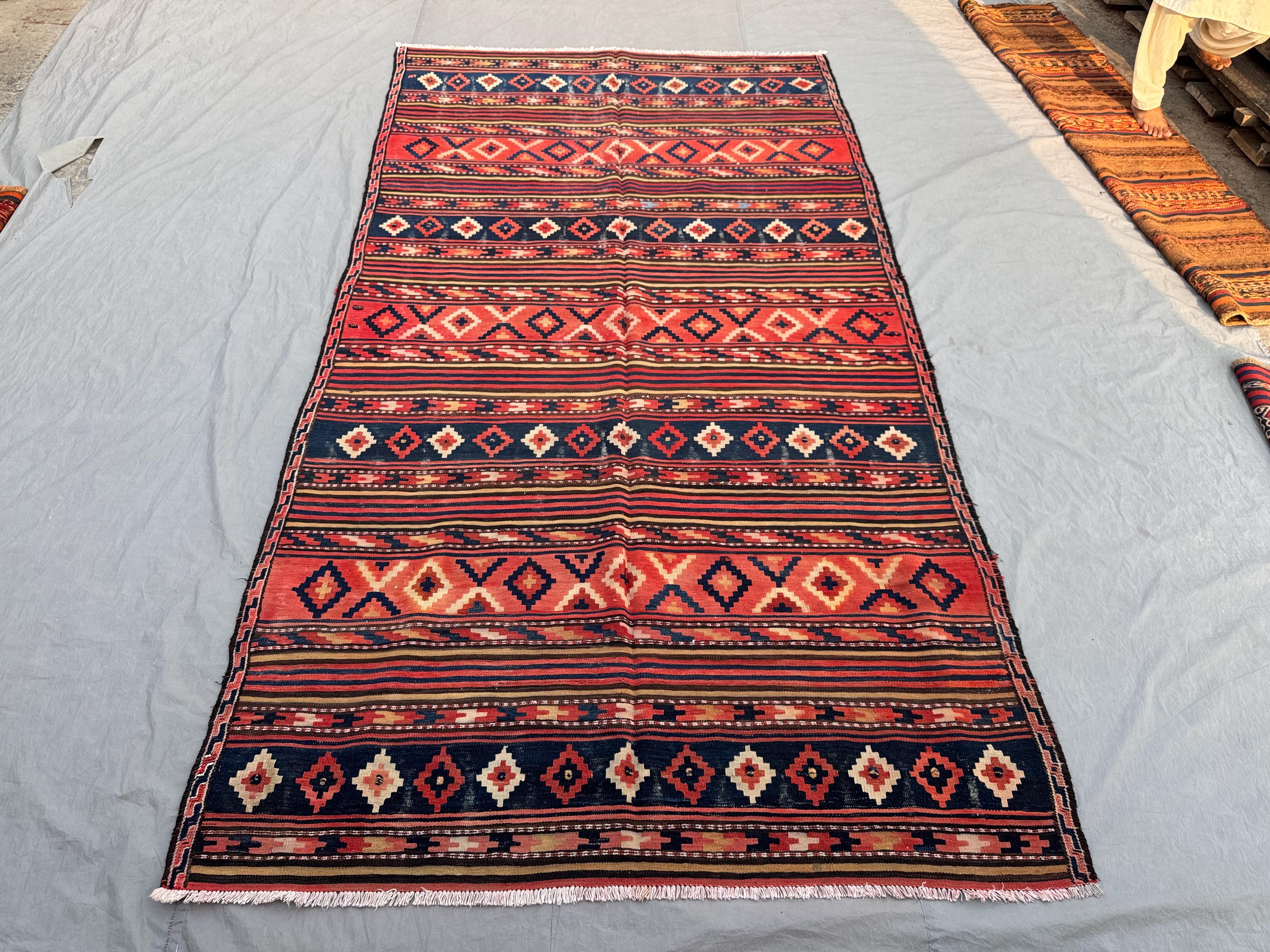 6'1 x 11'3 ft Antique Afghan Kilim Handnotted Runner Rug, Flat Weave Wool One Of A Kind Tribal Nomadic Hallway Entry Rug