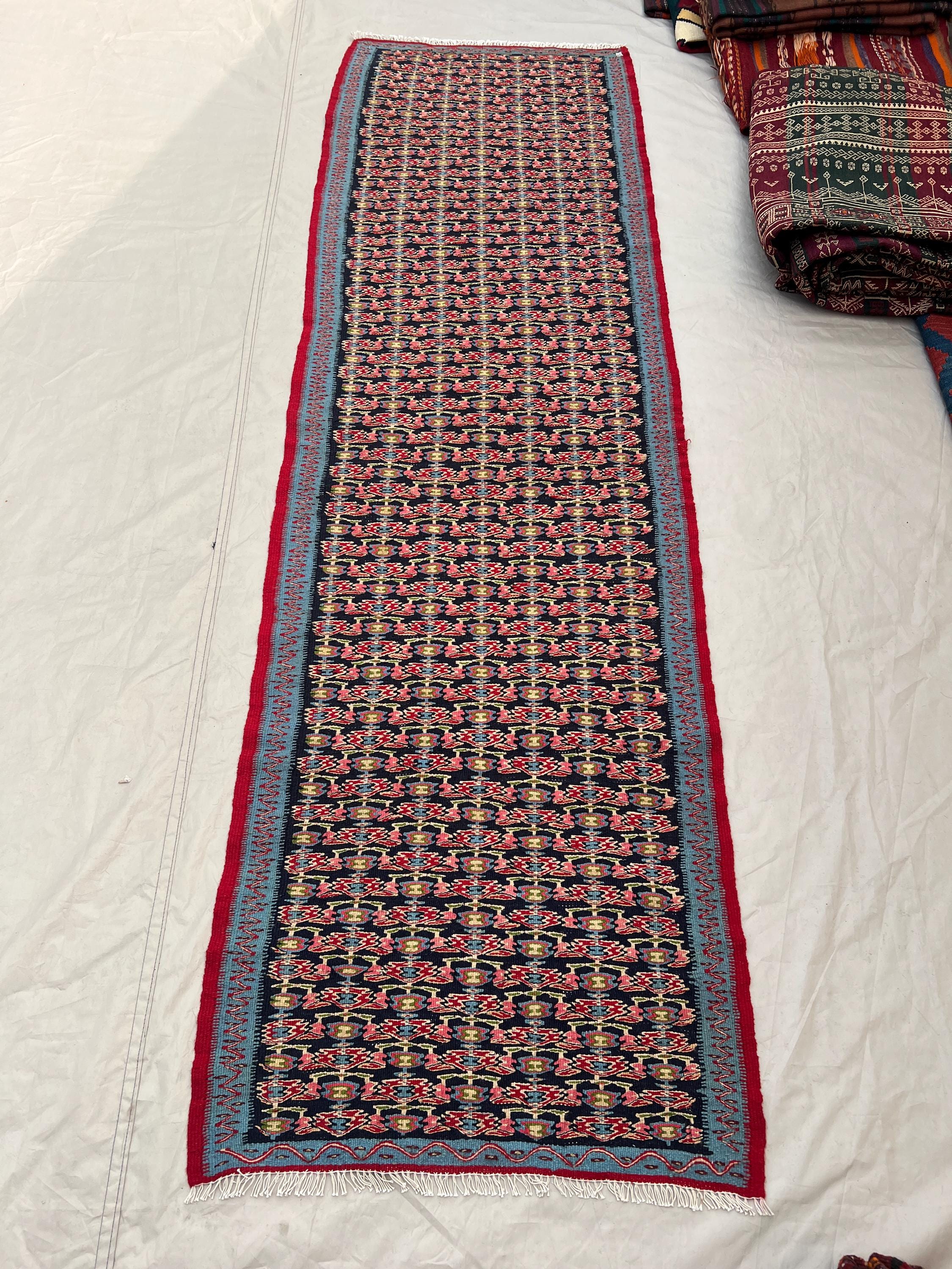 2'4x8'2 Vintage Afghan Kilim Handwoven Wool Flatweave All-Over Floral Boteh Navy Pink Sky Blue Red Runner | Hallway Entryway Kitchen Decor