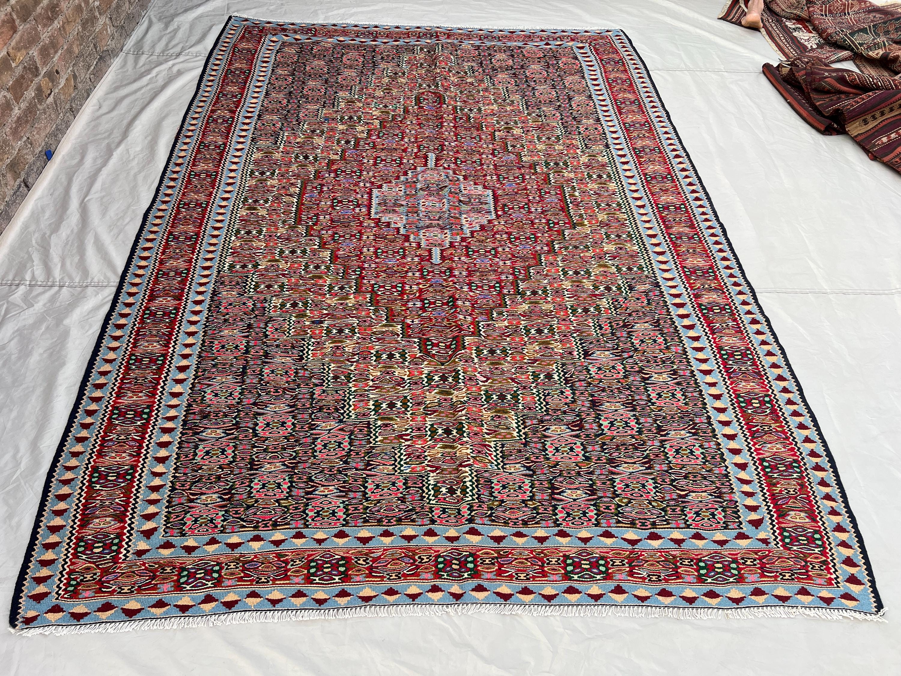 6'10x9'5 ft Vintage Afghan Kilim | Handwoven Tribal All-Over Boteh Medallion | Deep Rose Pink & Steel Blue Flatweave Living Room Dining Room