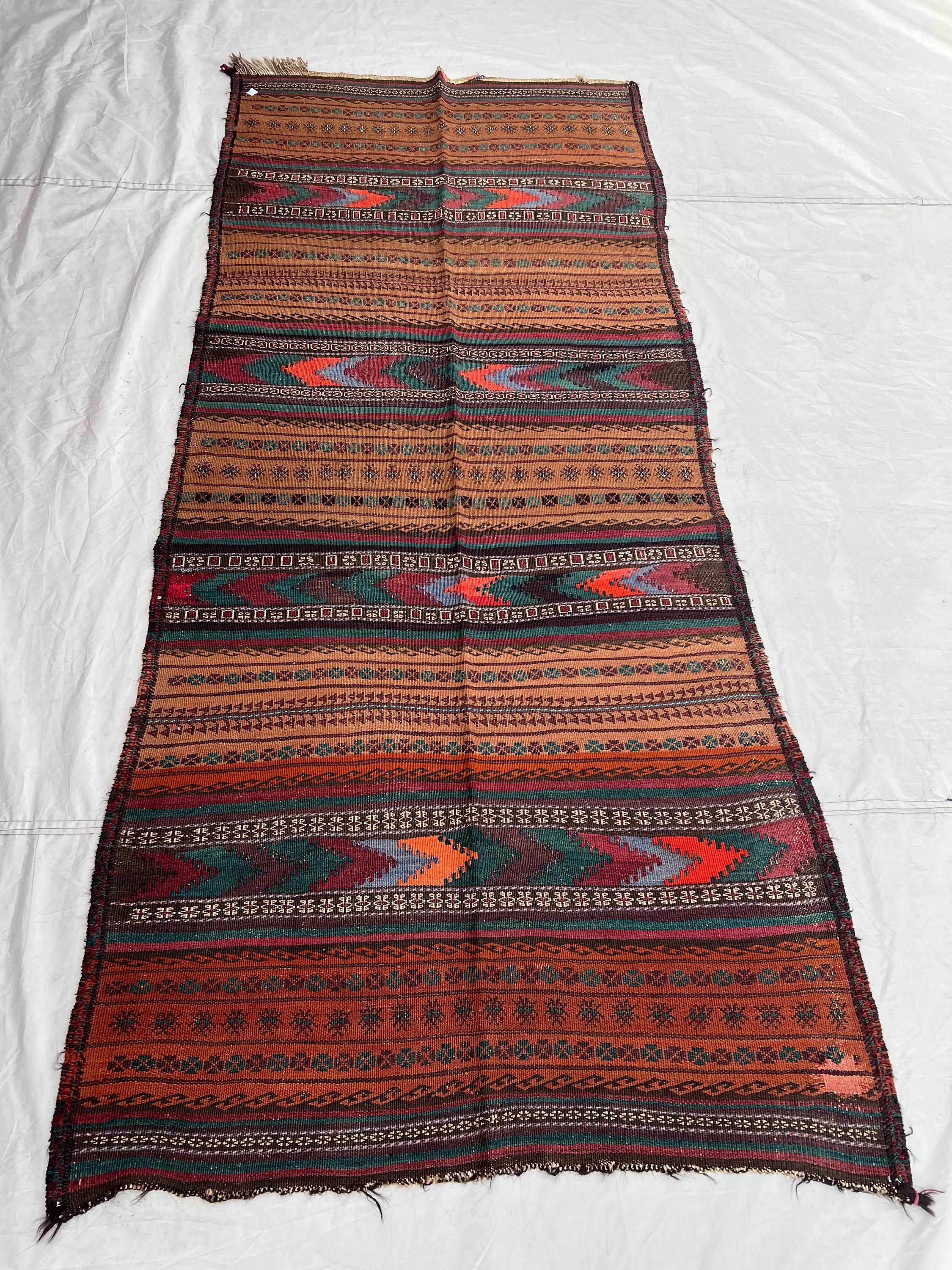 3'5x7'10 Vintage Afghan Kilim Handwoven Wool Flatweave Stripe Chevron Zigzag Camel Rust Orange Teal Area Rug | Living Room Bedroom