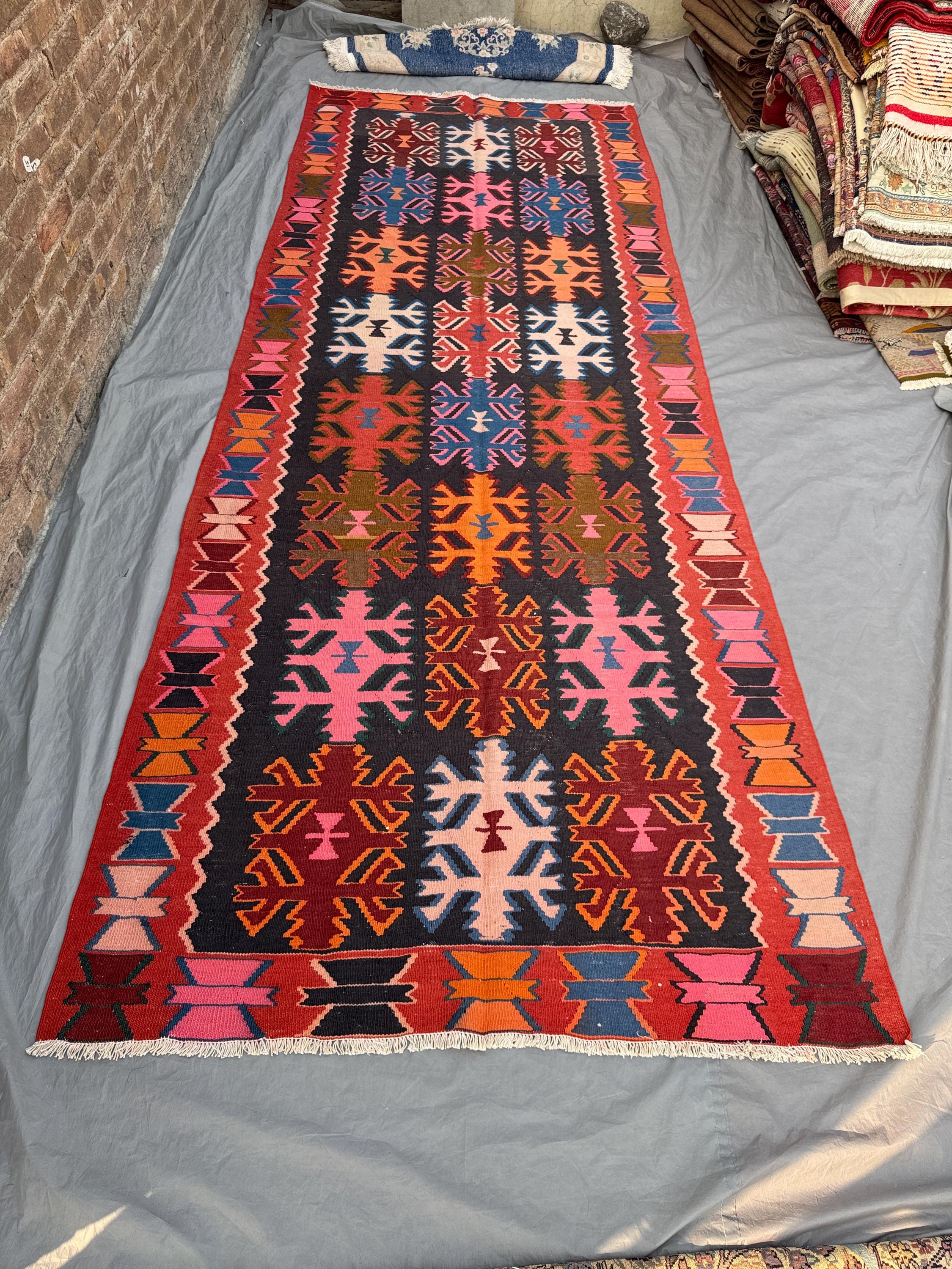 5 x 12 Ft Turkish Hand-Woven Vintage Flat Weave Kilim One of a Kind Luxury Boho Decor, Anatolian Design, Home Room Decor, Pink, Orange