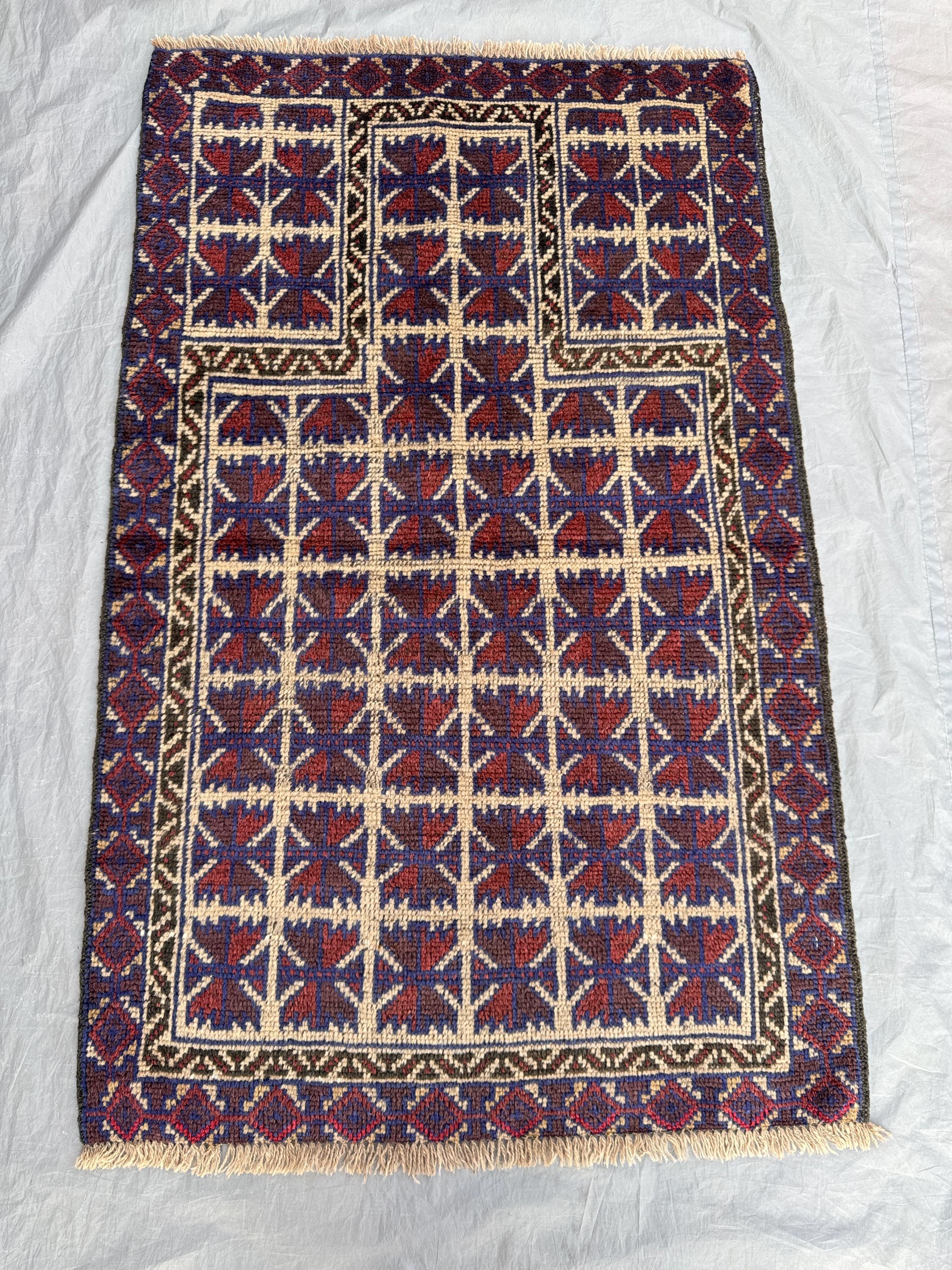 Blue 2'10 x 4'6 Ft Antique Afghan Baluchi Hand Knotted Tribal Area Rug Geometric Nomadic Wool Soft Pile Small Area Rug Blue Red Ivory