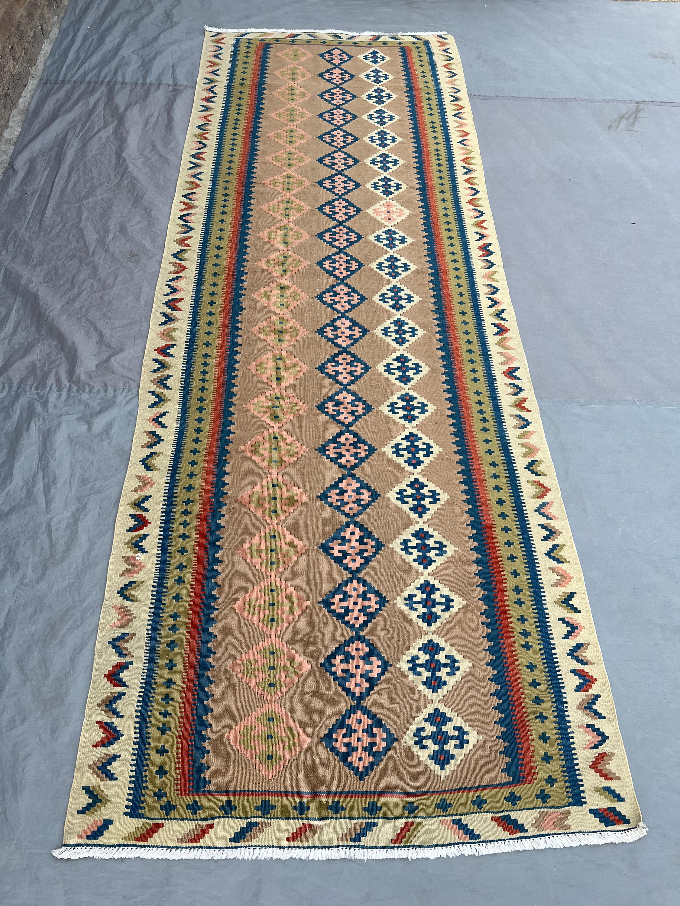 3'4x9'5 Ft Vintage Afghan Kilim Handwoven Wool Flatweave Three-Column Diamond Lattice Camel Pink Teal Blue Runner | Hallway Entryway