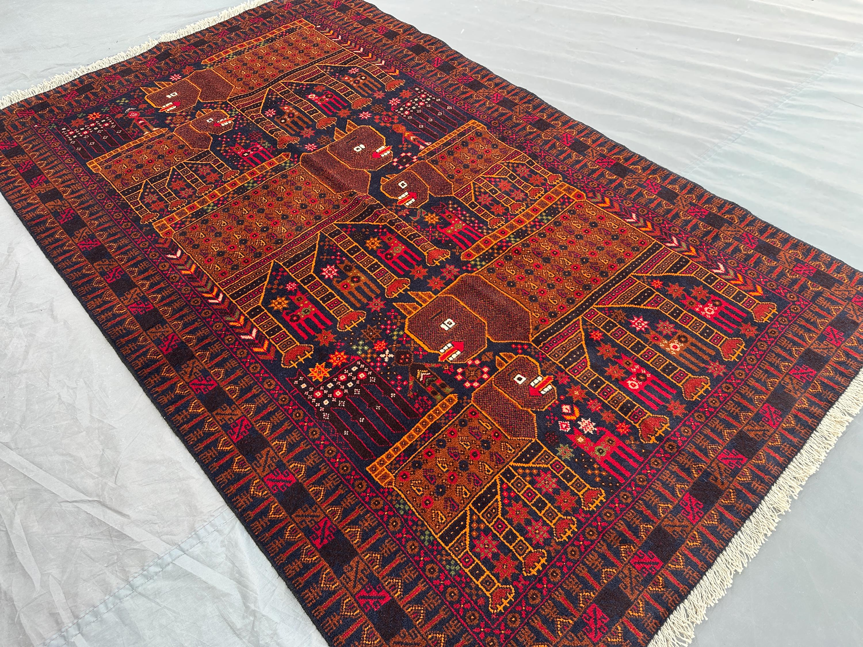 Vintage Pictorial Baluch Rug | 4x7 Afghan Animal Hunting Rug | Tribal Wool Wall Hanging | Hand Knotted Geometric Carpet | Red Small Area Rug