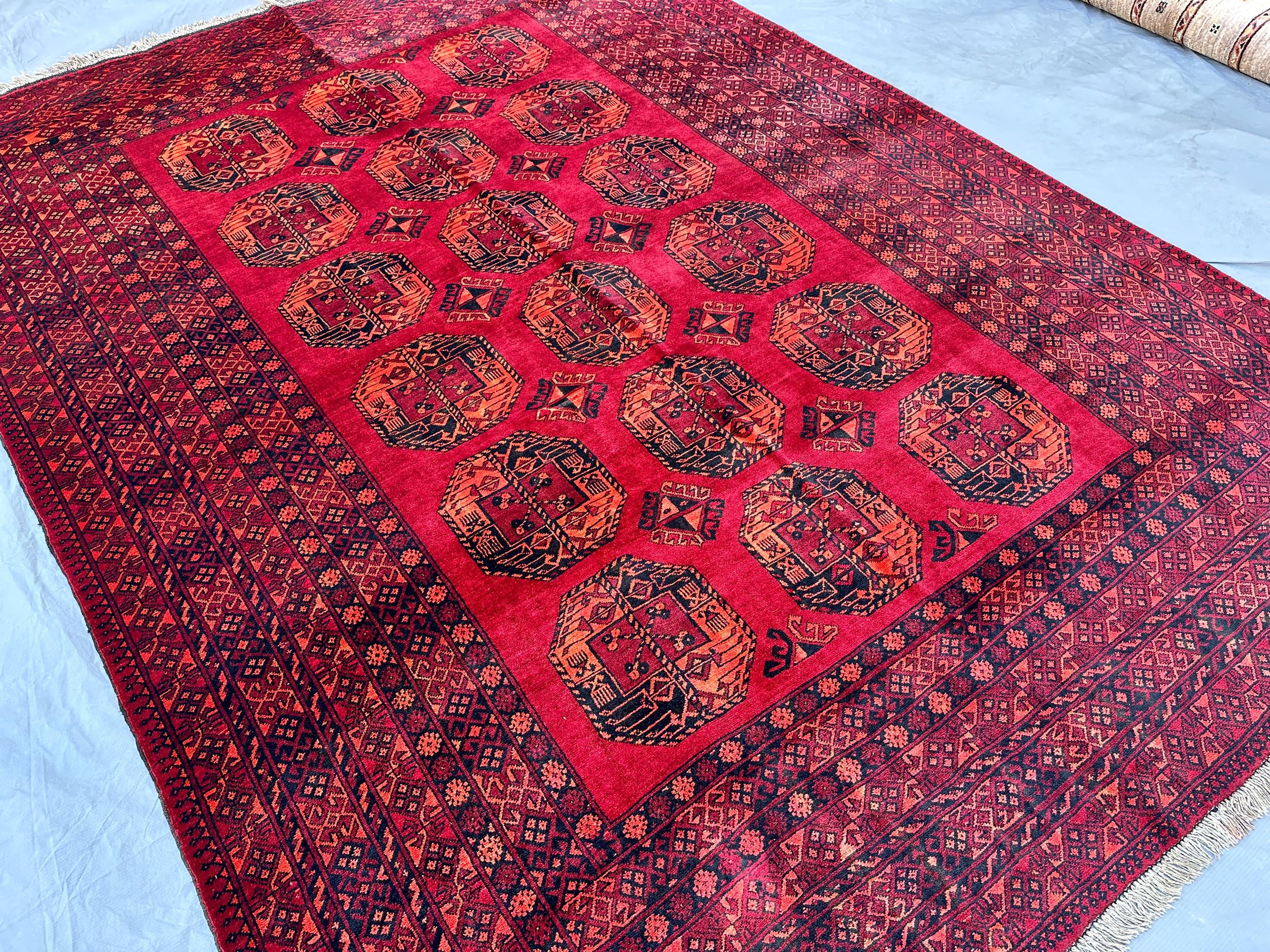 7x10 Red Afghan Rug, Hand Knotted Wool Elephant Foot Carpet, Large Tribal Area Rug Living Room Rug