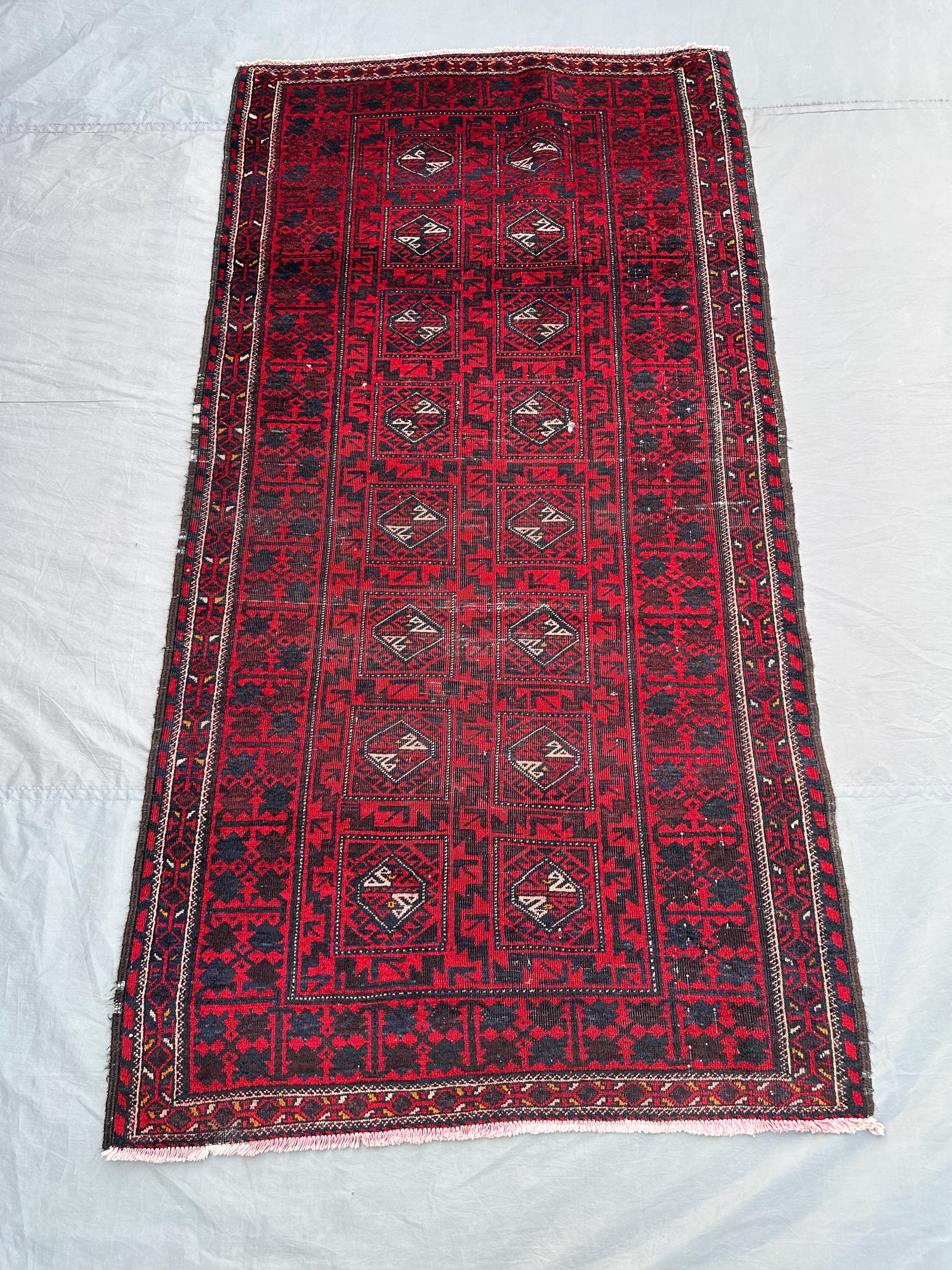 4x7 Semi Antique Turkmen Rug | Hand Knotted Ersari Tribal Carpet | Geometric No Pile Wool Rug | Distressed Kit