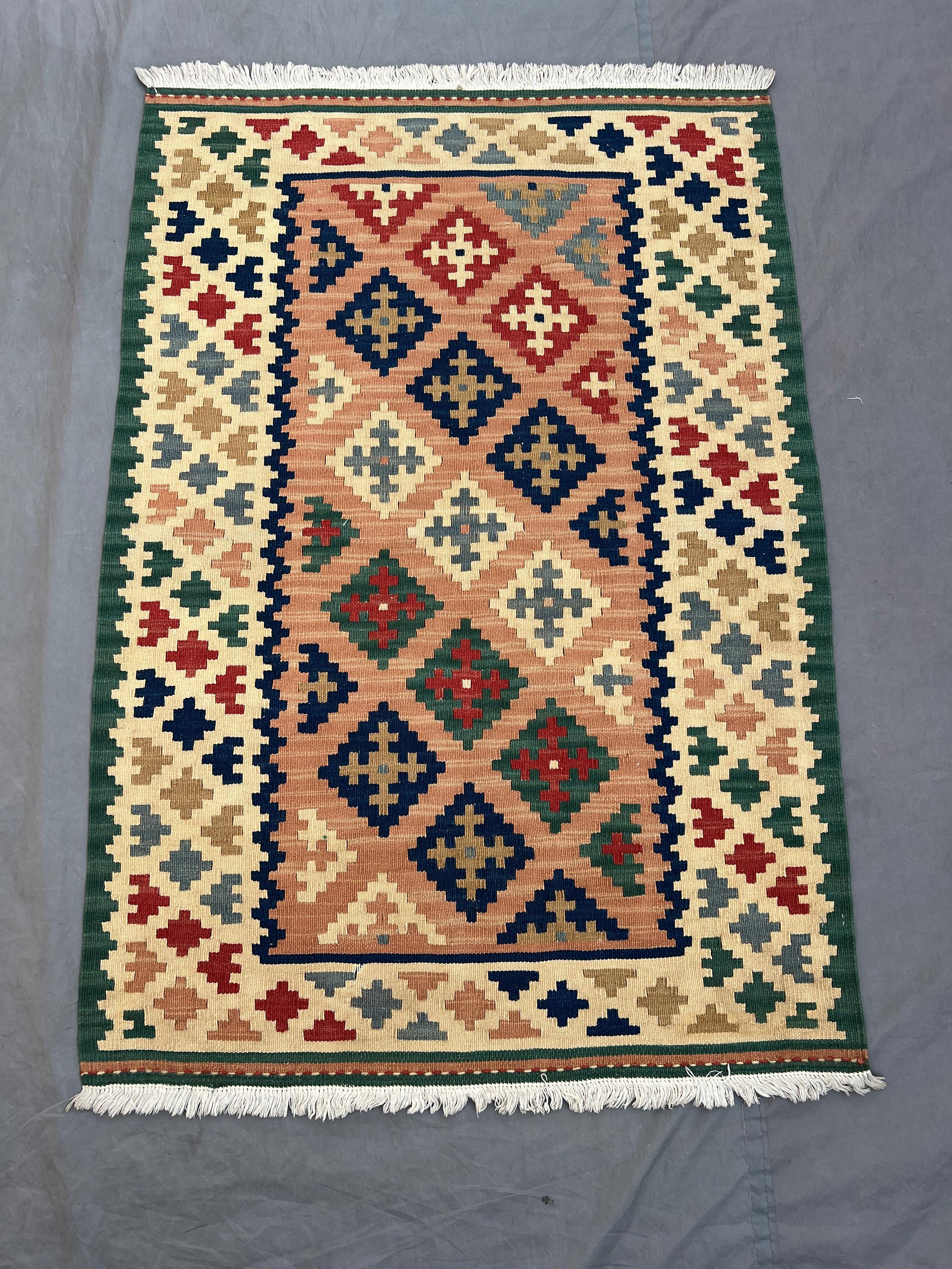 Afghan hand woven kilim 3 x 4 ft modern tribal maimana design one of a kind small area rug colorful geometric decor