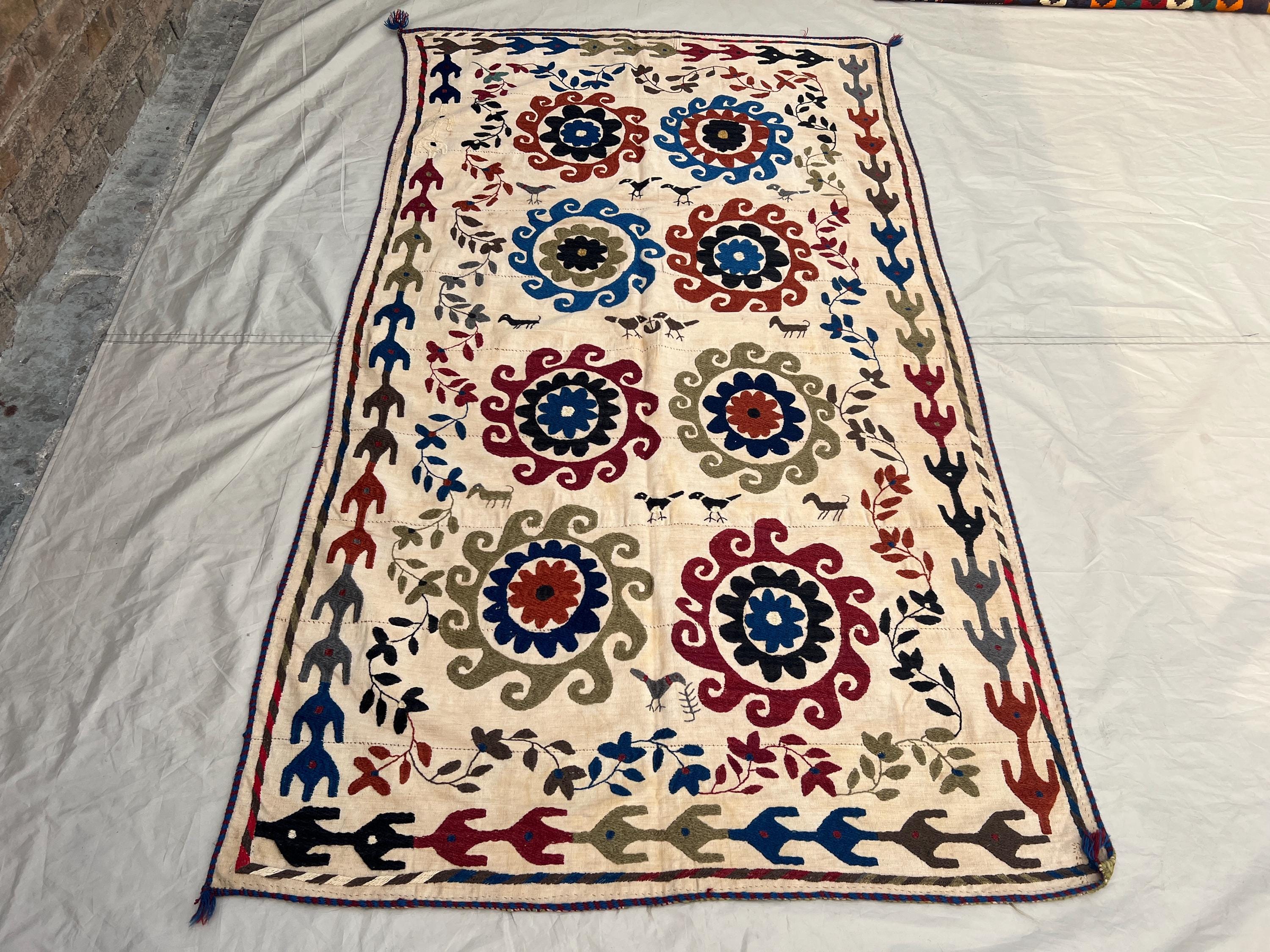 4'3x7'2 Vintage Afghan Suzani Embroidered Textile Ivory Floral Sun Medallion Folk Art Flatweave Kilim Handmade | Living Room Wall Hanging