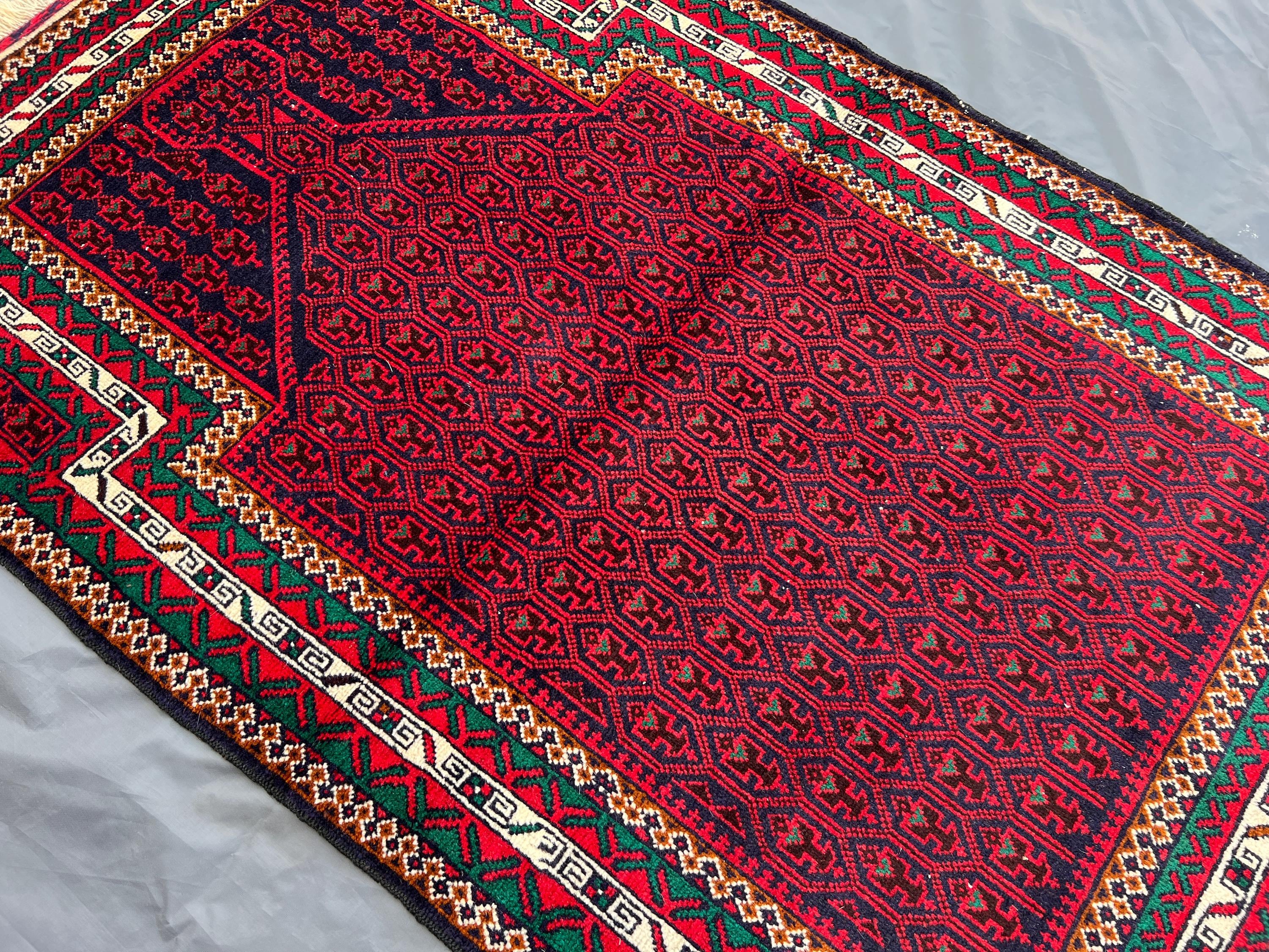 Afghan Prayer Rug 3x4.9 | Hand Knotted Wool Islamic Mihrab Rug | Red Green Oriental Carpet | Vintage Tribal Wo