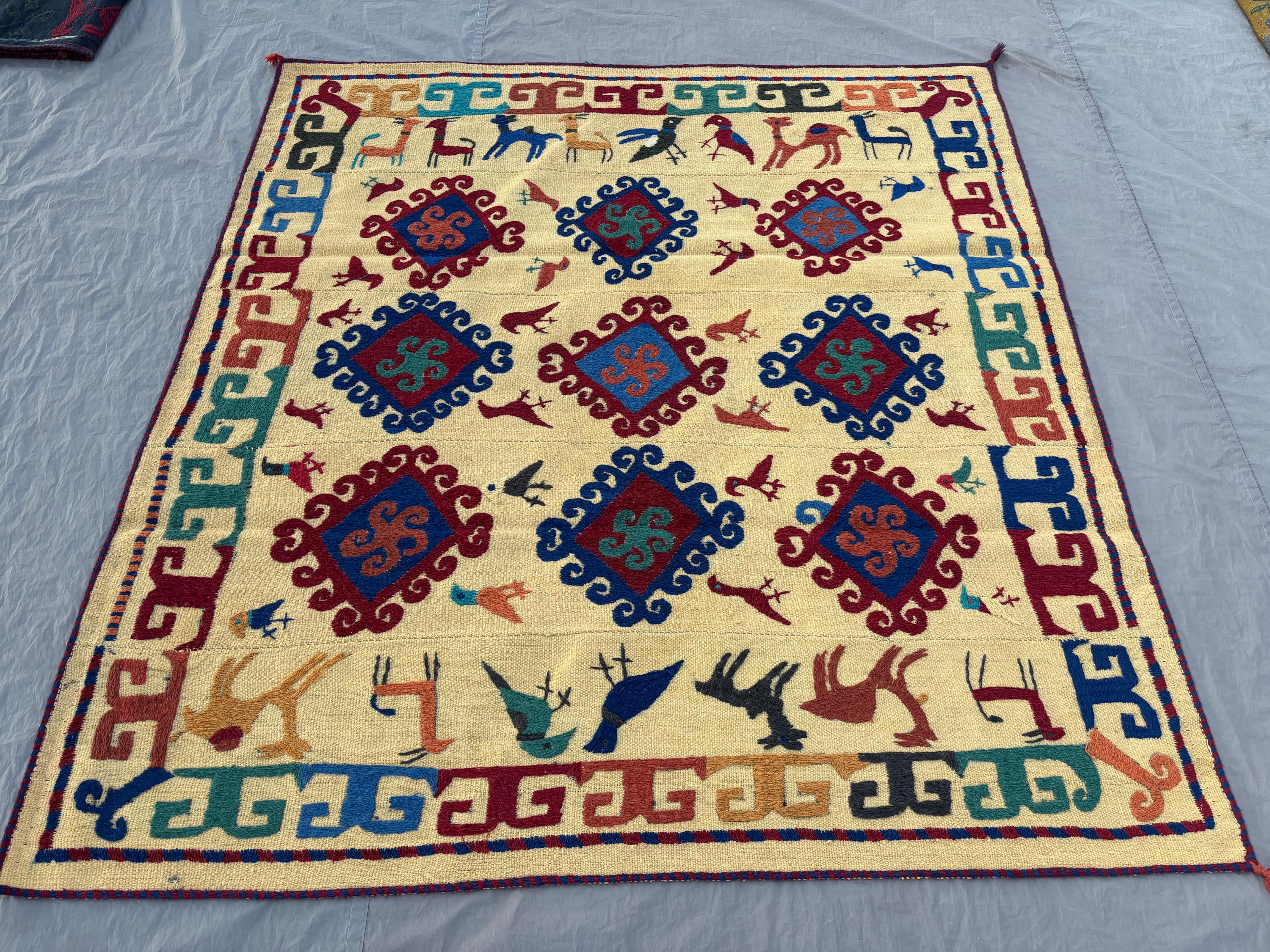 5.8 x 6.1 Ft Afghan Hand-Woven Vintage Flat Weave Kilim One of a Kind Home Boho Decor Luxury Patchwork Pictorial Animal Suzani Design