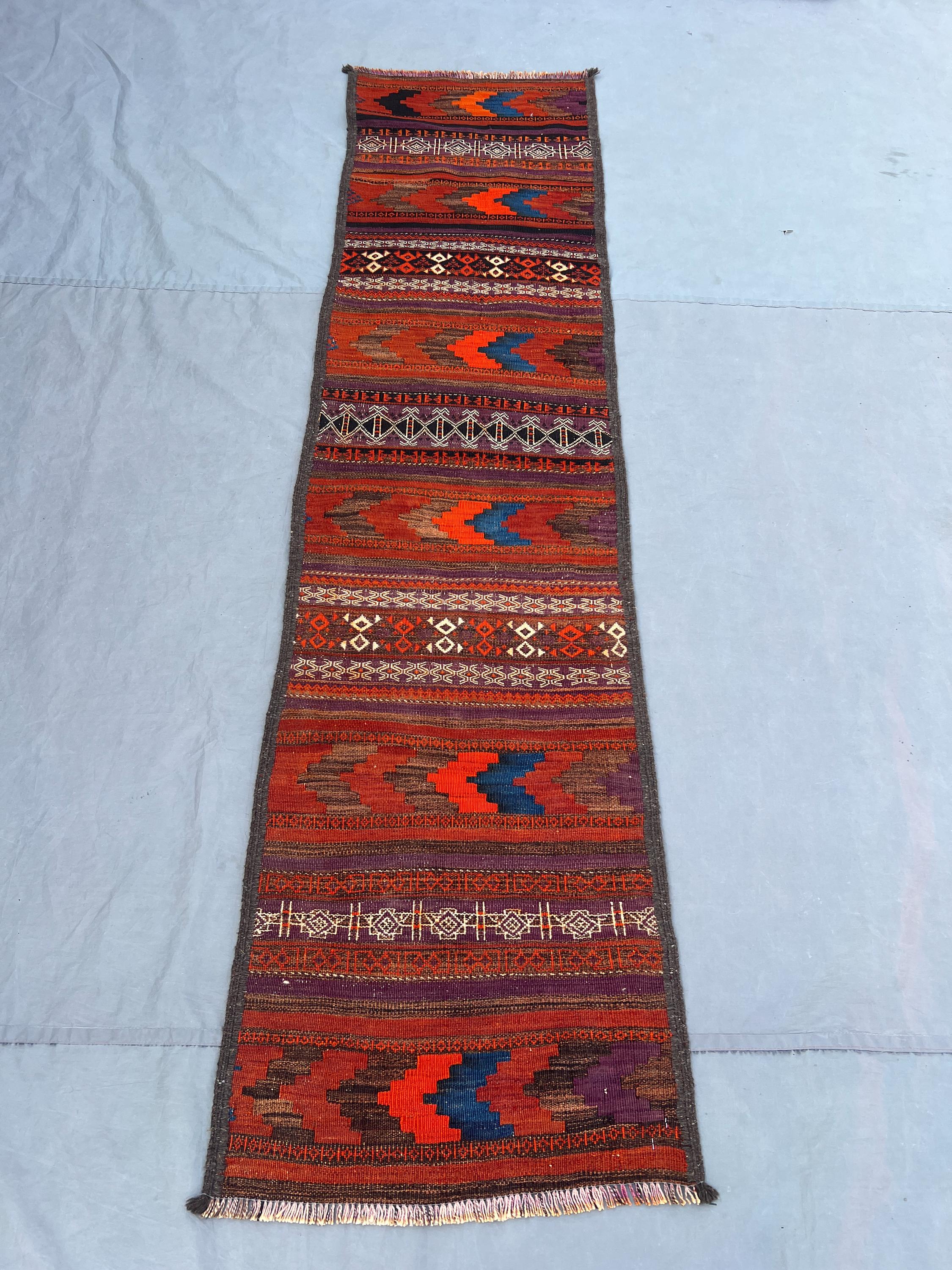 2x7'11 Vintage Afghan Flat Woven Wool Kilim Runner Bold Orange Red Purple Zigzag Chevron Stripe Tribal Boho Hallway Kitchen Runner Carpet