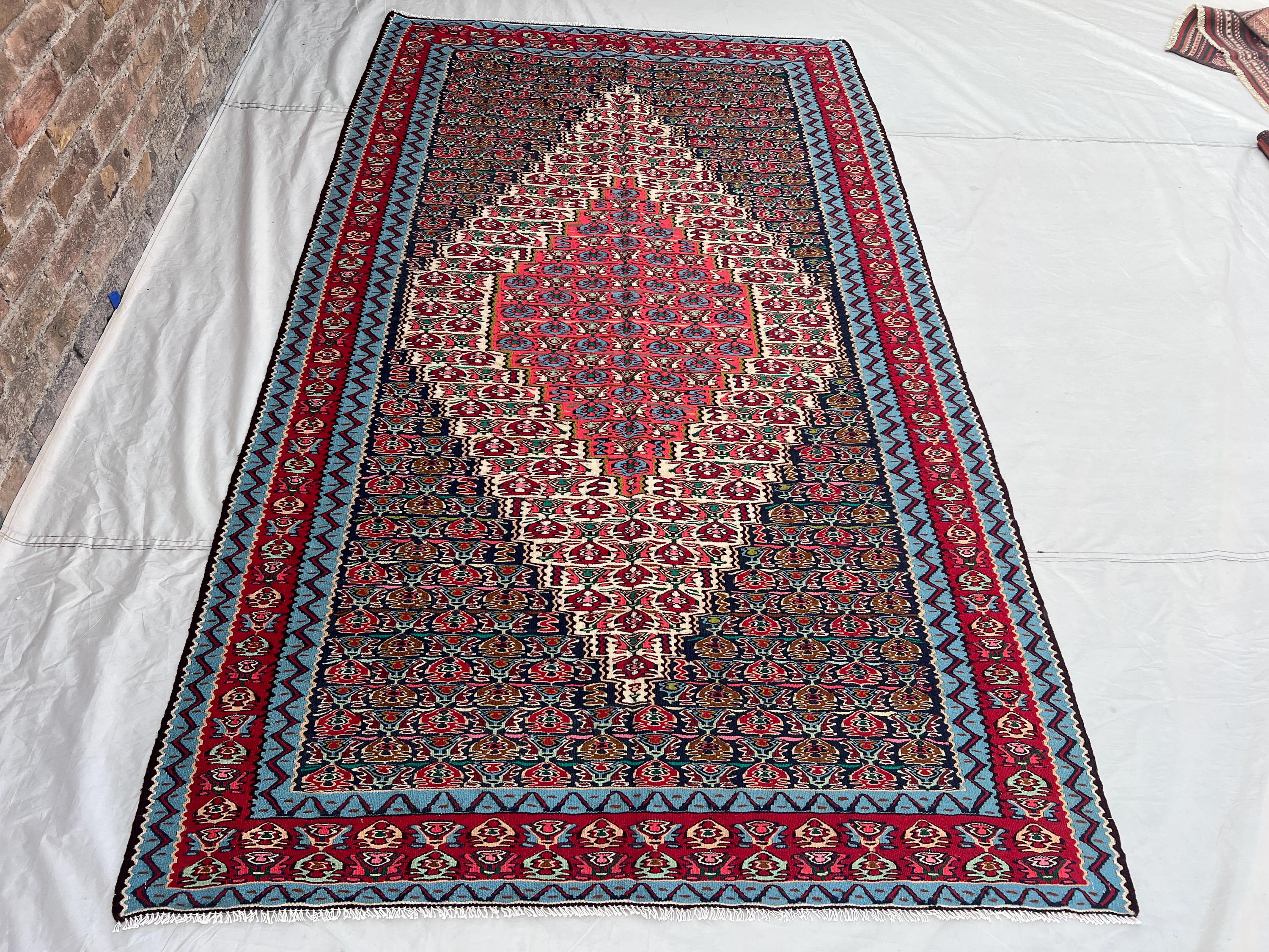 5'1x8'8 Ft Vintage Afghan Tribal Kilim | Flat Weave Wool Area Kilim Navy Blue Red Sky Blue Floral Boteh Diamond Medallion Kilim Living Room