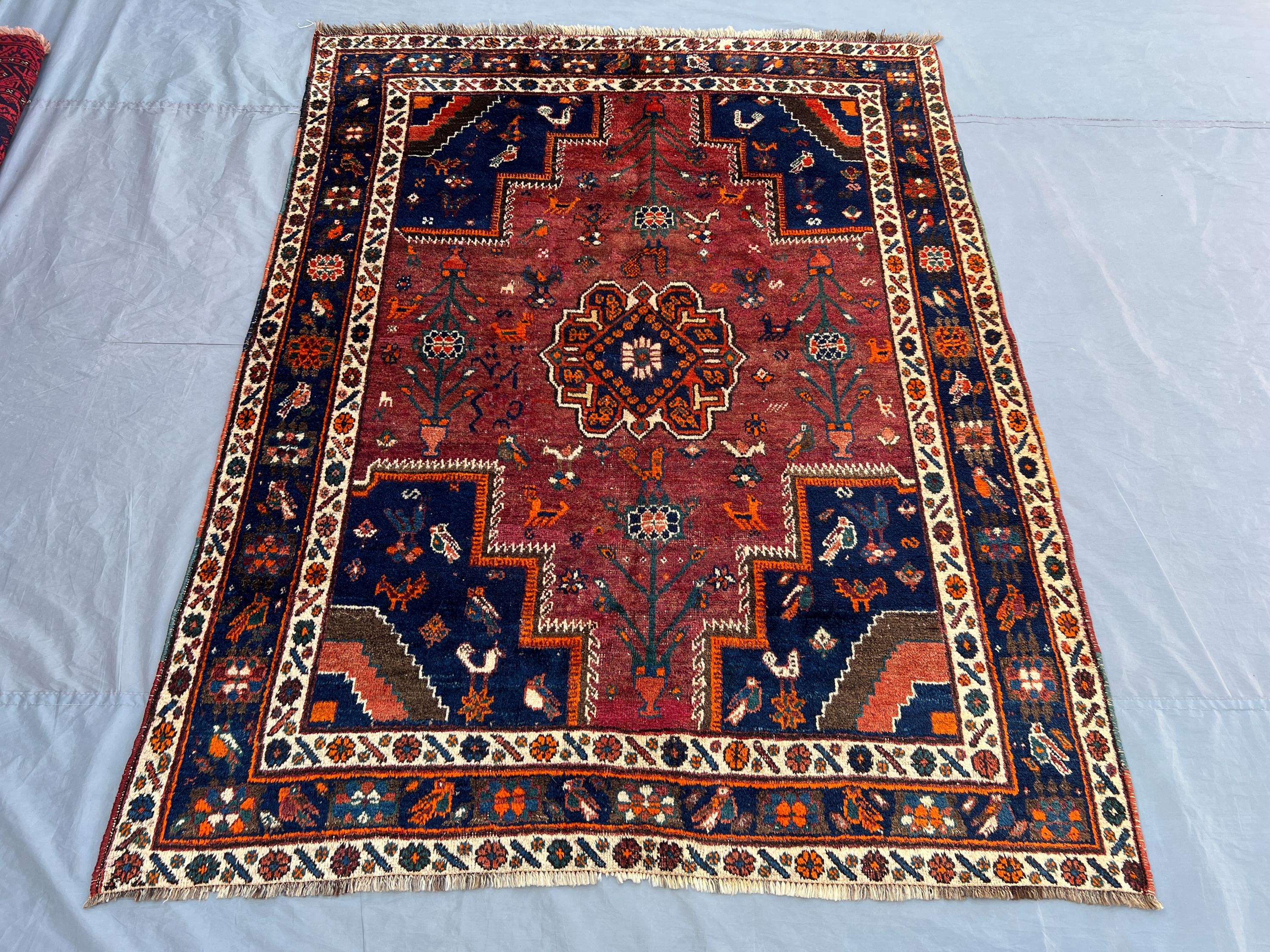 5x7 Antique Turkish Inspired Tribal Rug | Hand-Knotted Wool Carpet | Caucasian Style Medallion | Vintage Boho Ethnic Area Rug, Bedroom Rug