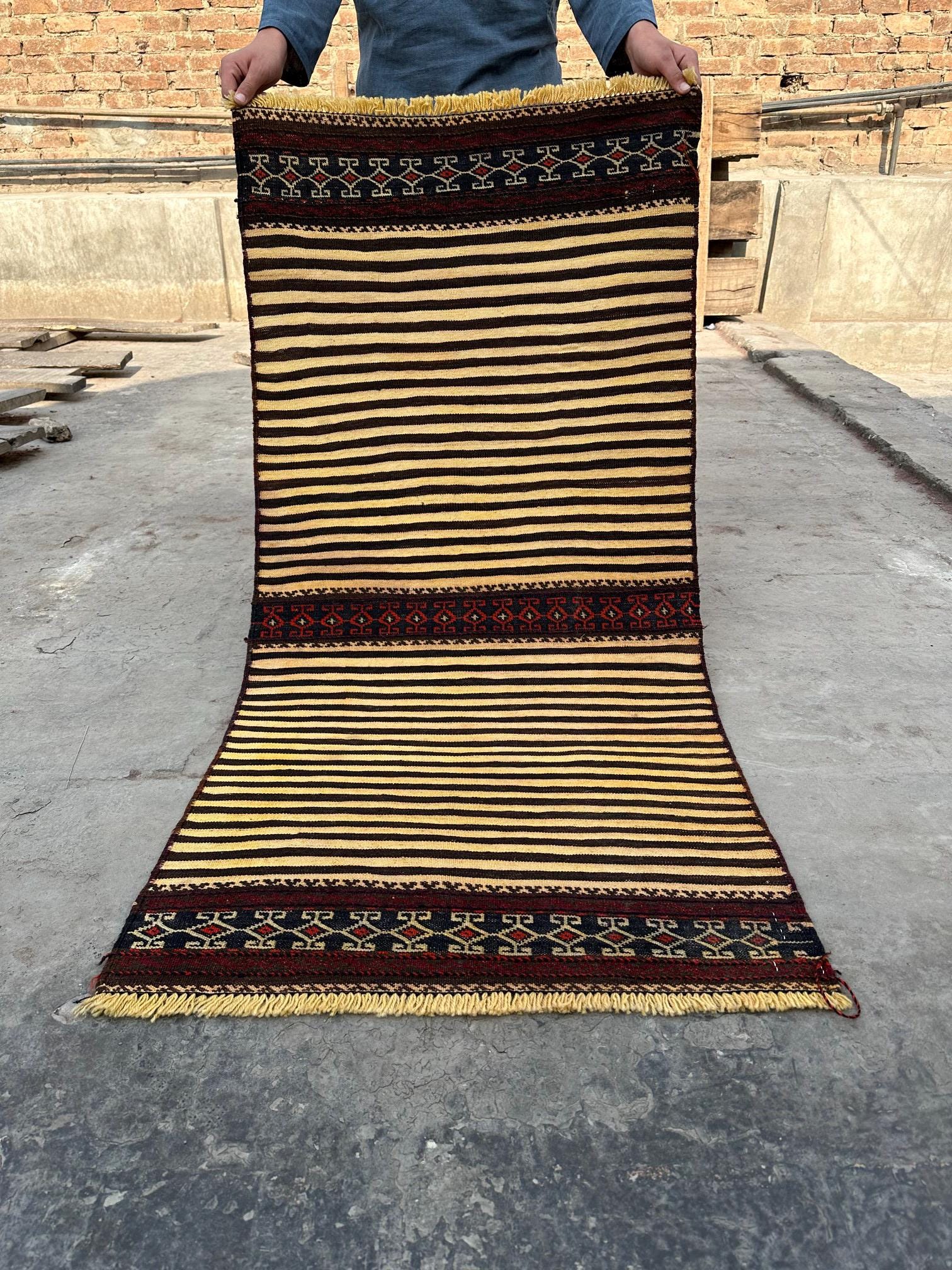 2'2x4'6 ft Afghan Baluch Tribal Kilim Rug Flat Weave Narrow Runner Handmade Wool Rug, Small Area Kilim Rug, Geometric pattern Turkmen kilim