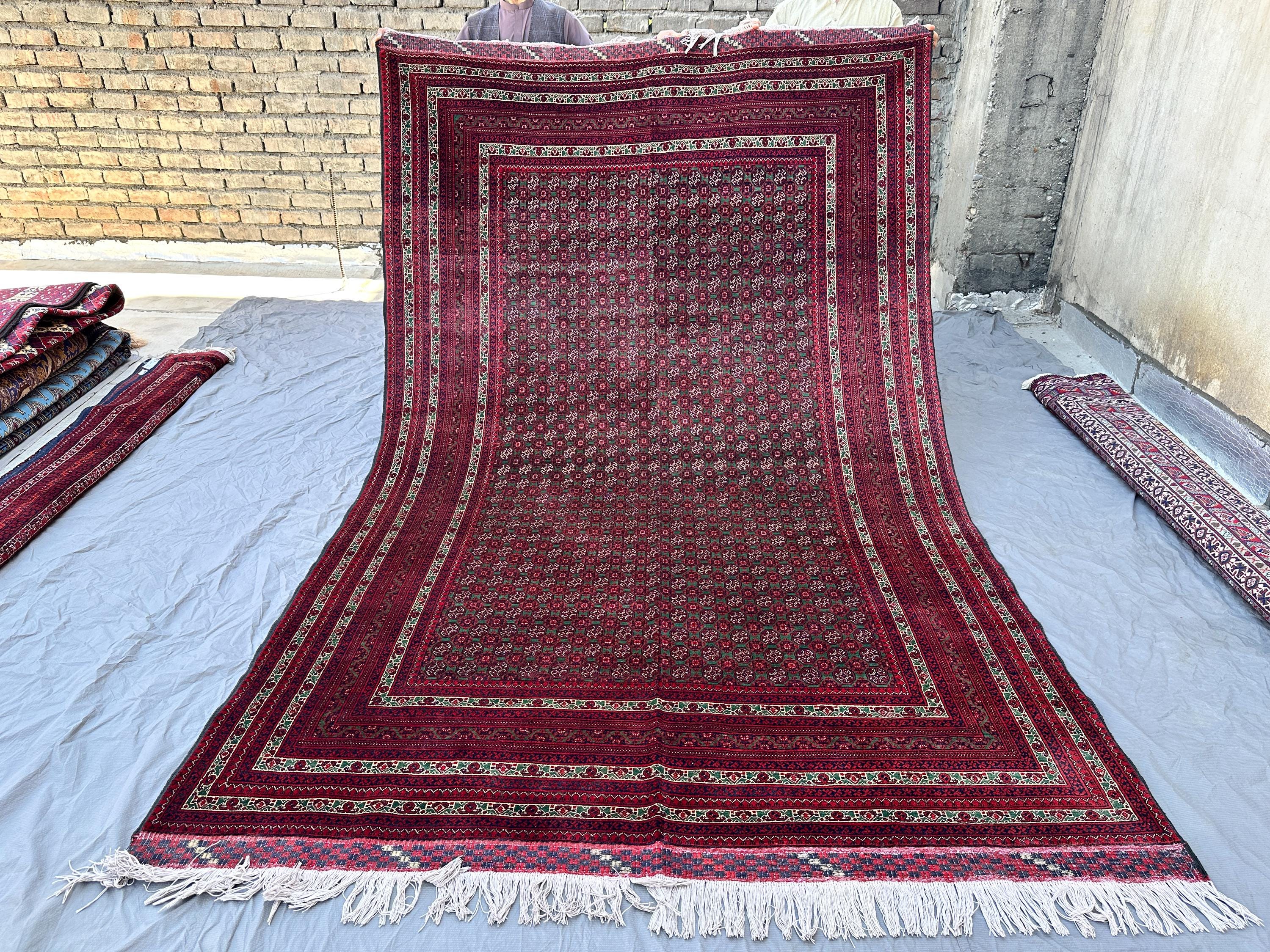 Red & Green Afghan Khoja Roshani Rug 10x6, Hand-Knotted Wool Carpet, Fish Pattern Design, Vintage Living Room 