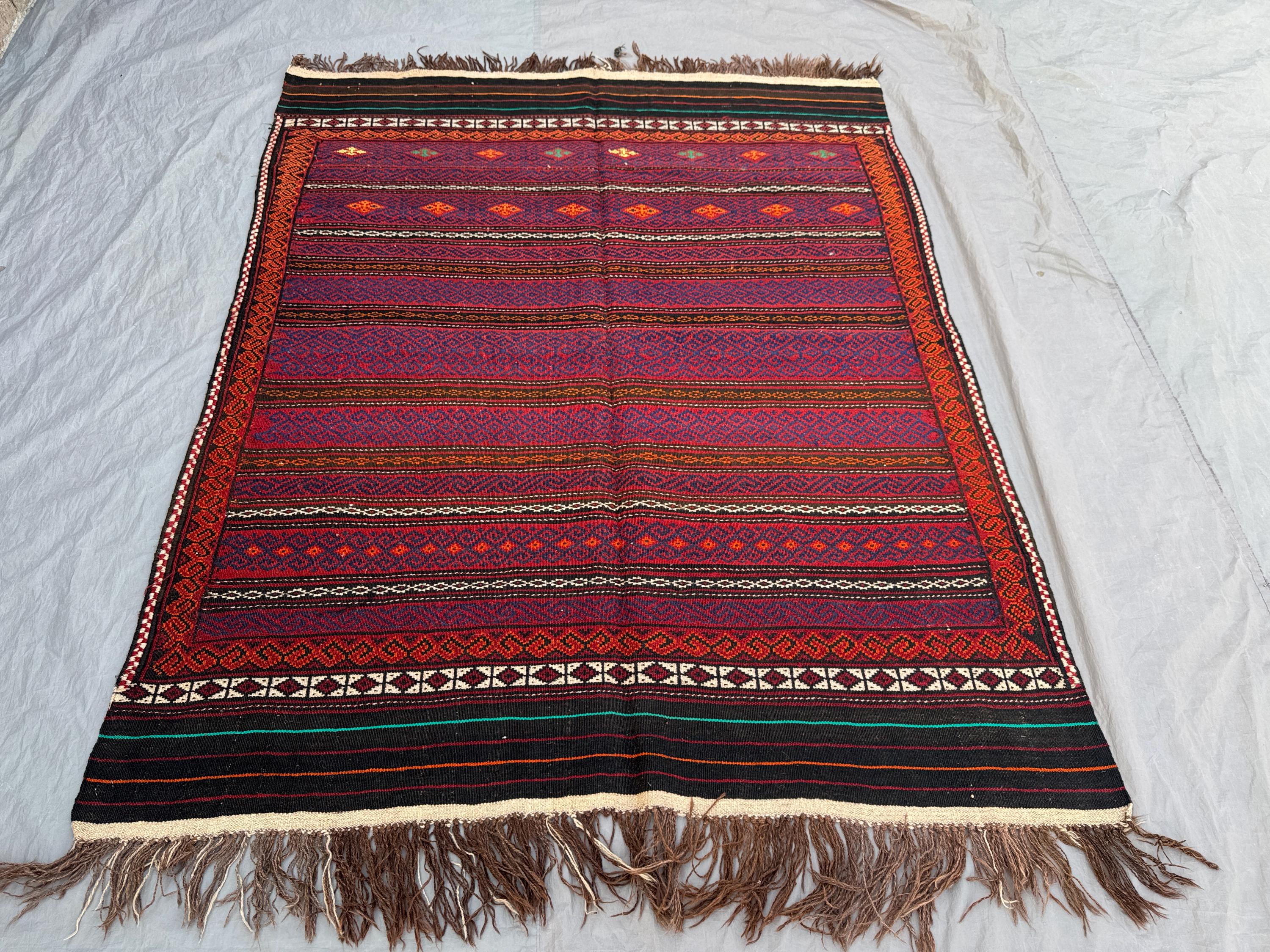 Red 5'8 x 6'11 ft Afghan Handwoven Kilim Flat Weave Rug, Vintage Tribal Geometric Design, Boho Home Decor, One