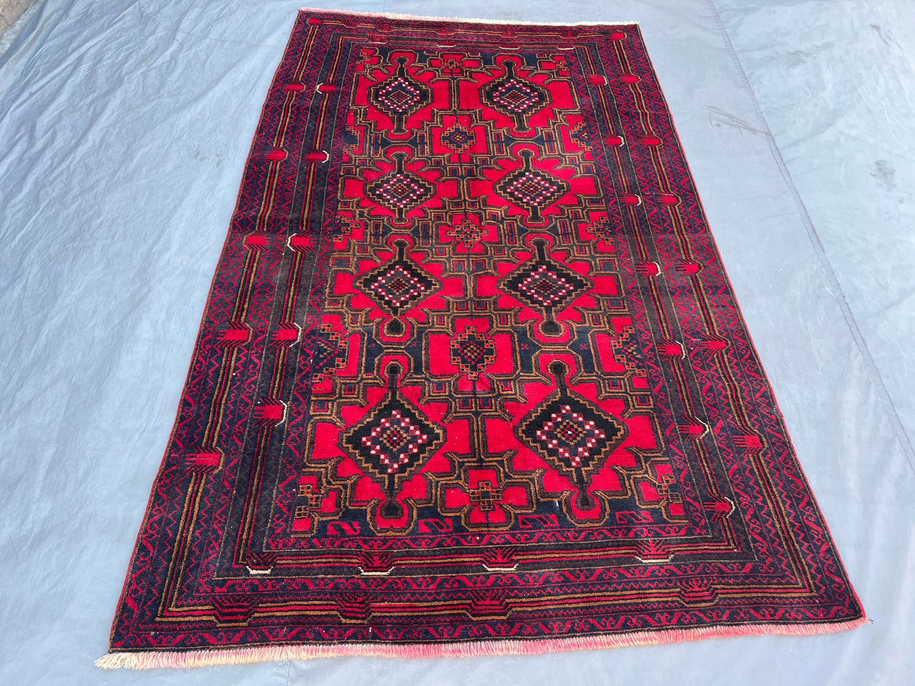 Red 5' x 8'3" Antique Afghan Baluchi Rug, Hand-Knotted Wool, Geometric Tribal Diamond Design, Soft Pile for Li