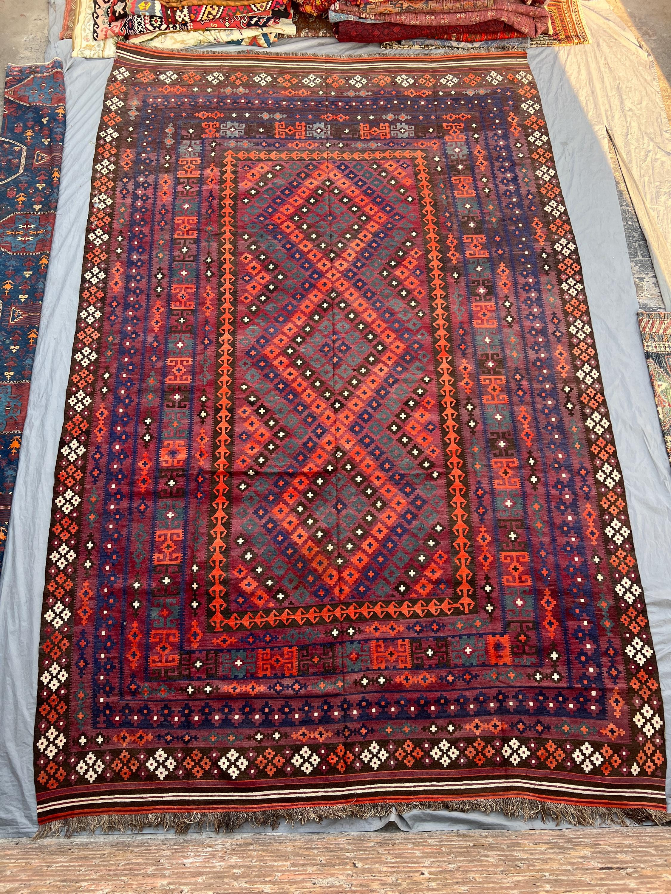 Terracotta 10x15'10 Vintage Afghan Blauchi Handwoven Kilim Flatweave Rug, Geometric Tribal Design, Large Area
