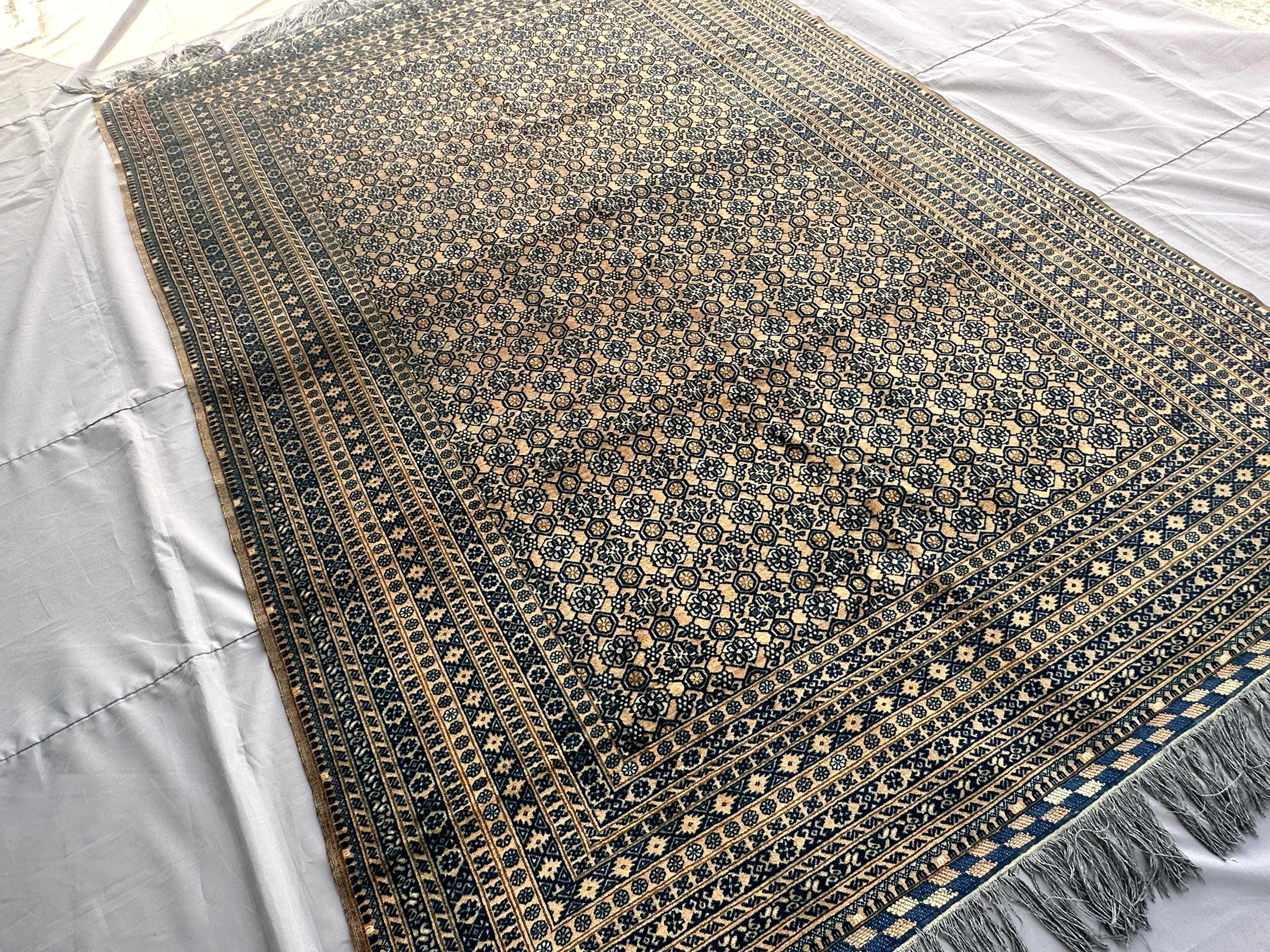 1970s Antique Afghan Rug 9x6, Hand-Knotted Wool Carpet, Navy & Gold Khotan Style Floral Lattice Design, Vintag