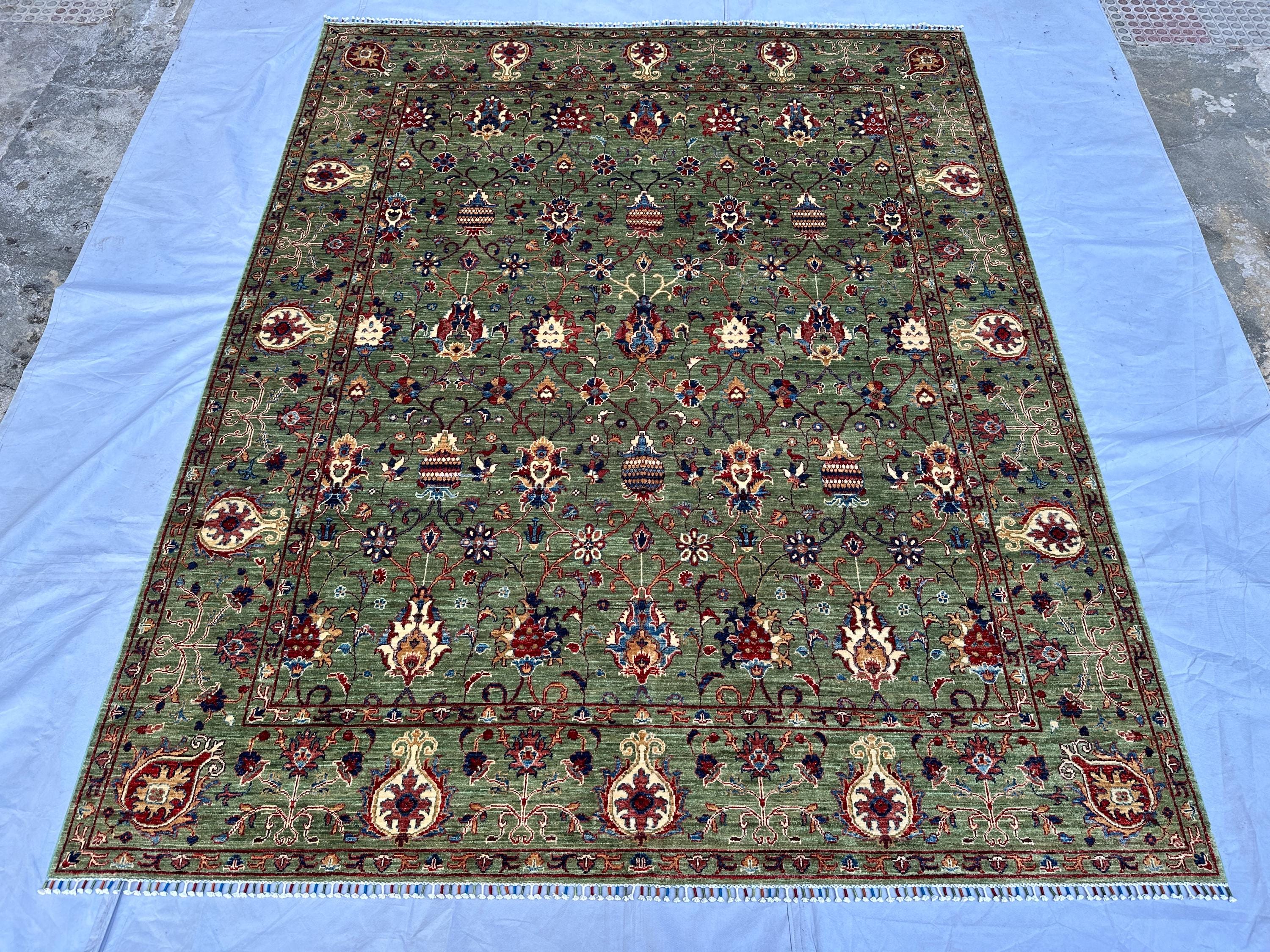8x10 Afghan Oushak hand-knotted wool rug in sage green, botanical lattice pattern with multi-medallion border,