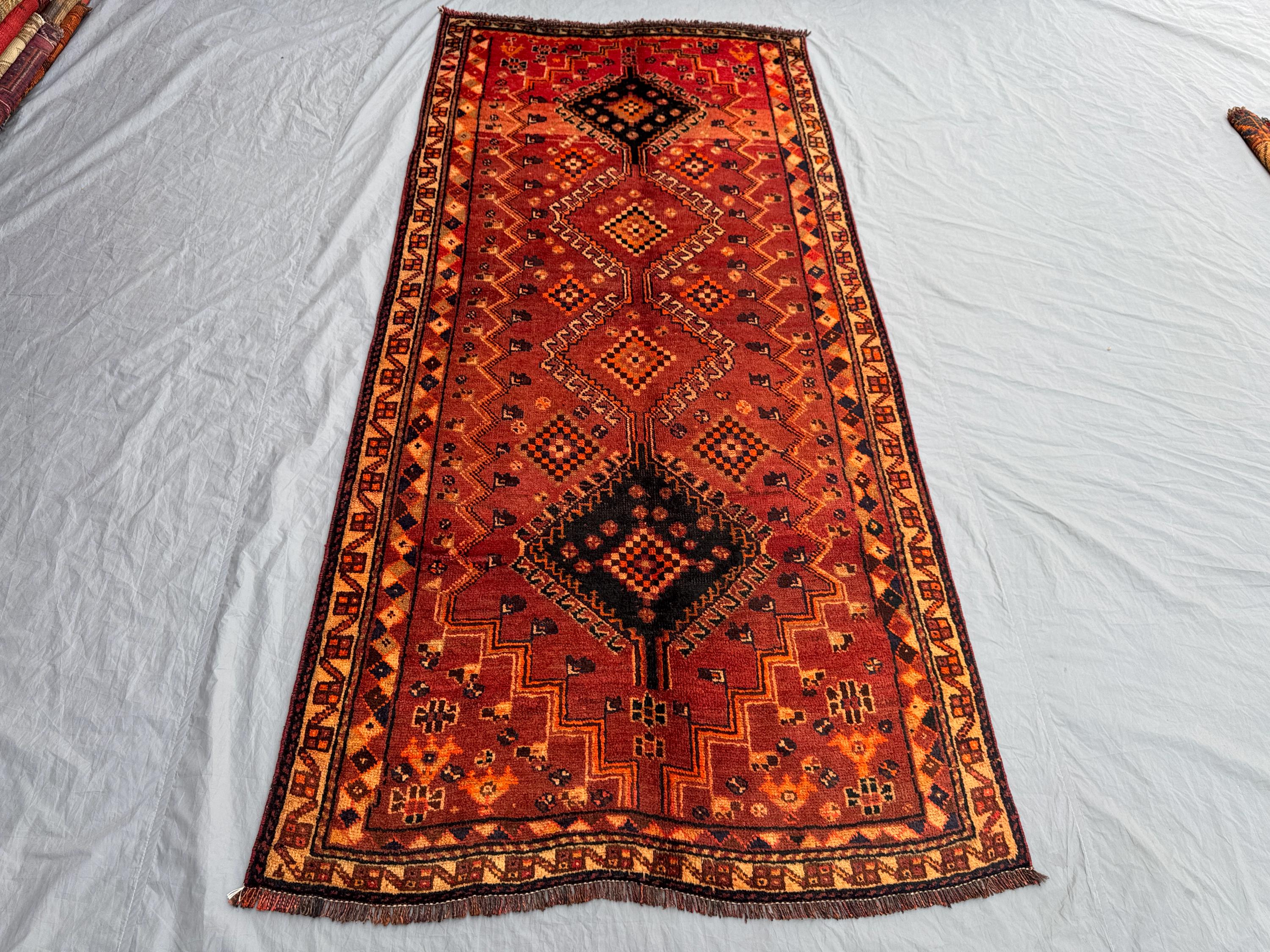 Turkish Inspired Moroccan Runner Rug, 3'10x8'4 ft (117x255 cm), Vintage Hand-Knotted Wool, Soft Red and Black, Tribal Design, One-of-a-Kind