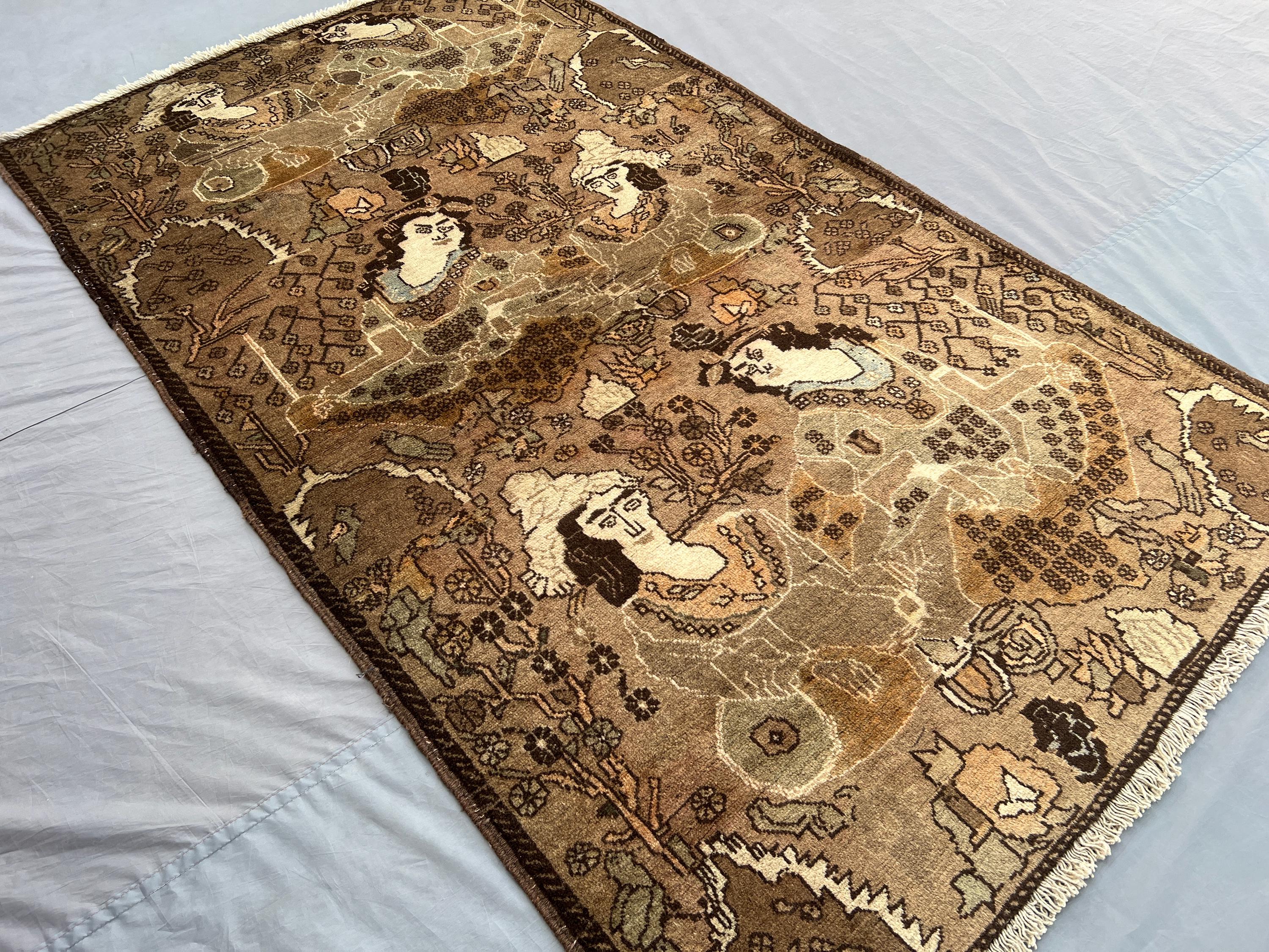 Antique Afghan Baluchi Rug 4x6'9 ft, Hand Knotted Wool Carpet | Faded Terracotta Tones | Tribal Pictorial Queen Design | Vintage Nomadic Rug