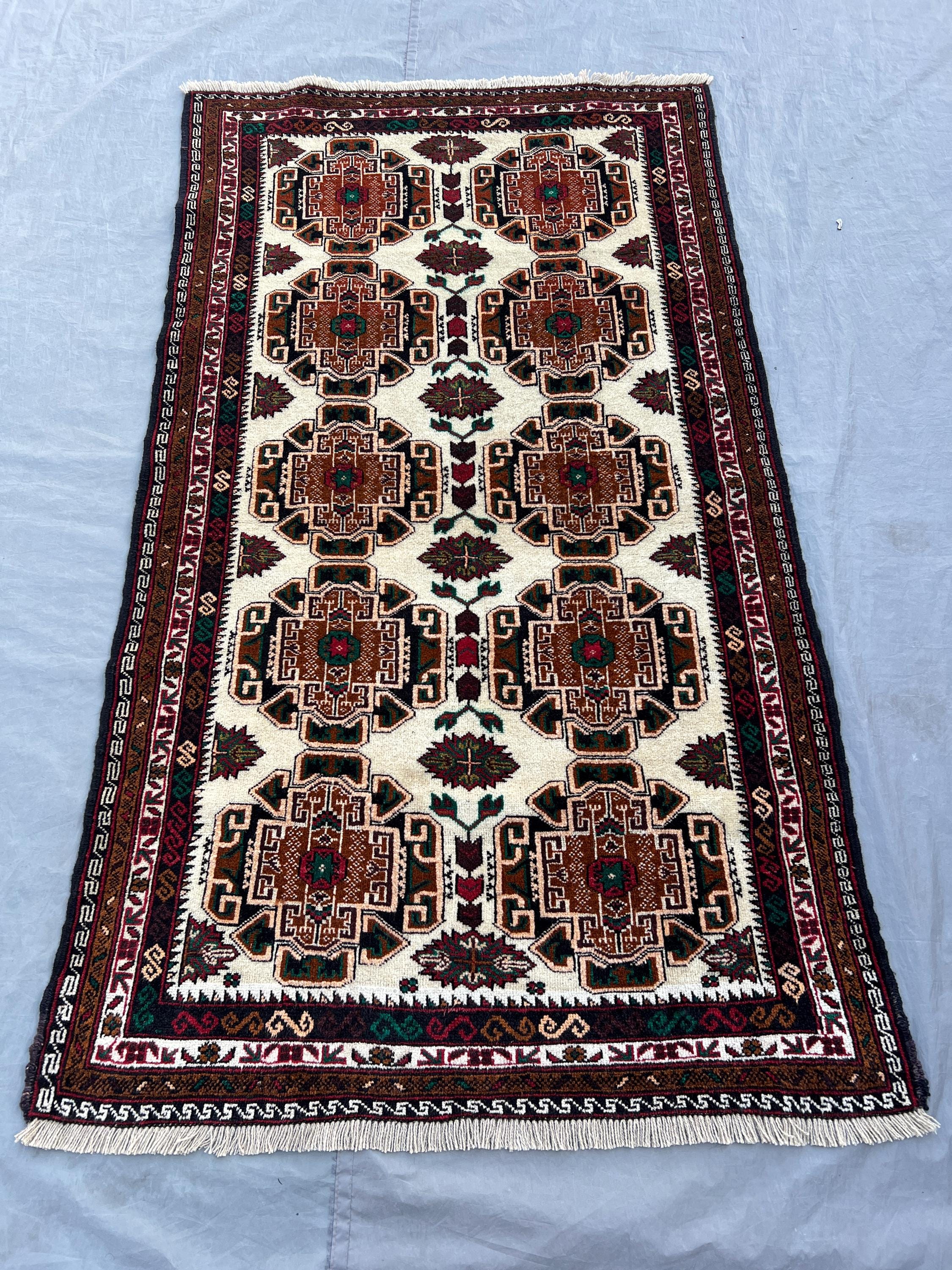 3'8x6'4 ft, Vintage Afghan Baluchi Hand-Knotted Rug, Geometric Tribal Wool, Design, Soft Pile, Hallway, Boho D