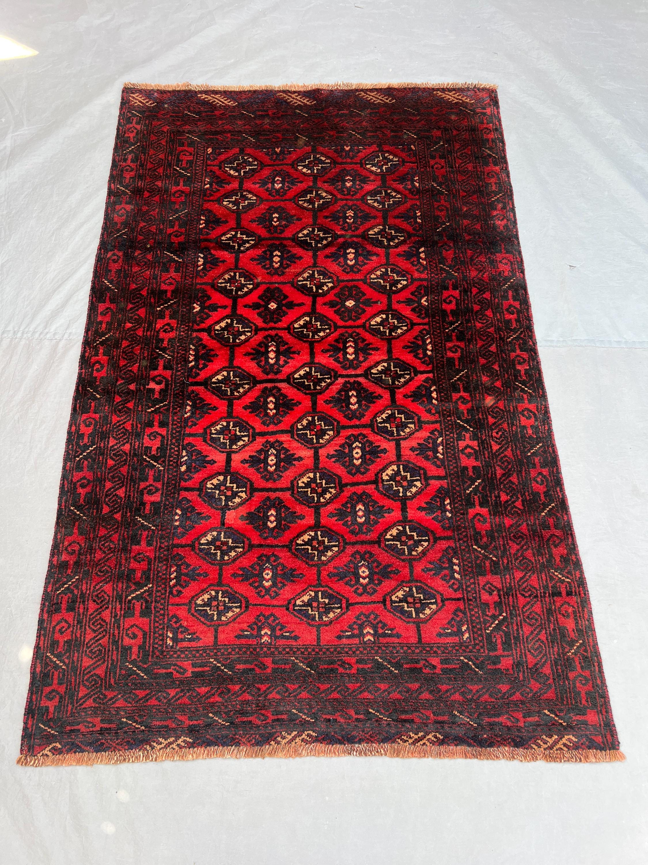 3'9x5'10 Vintage Afghan Hand Knotted Wool Pile Rug Deep Red Black All-Over Octagonal Diamond Lattice Pattern Living Room Bedroom Accent Rug
