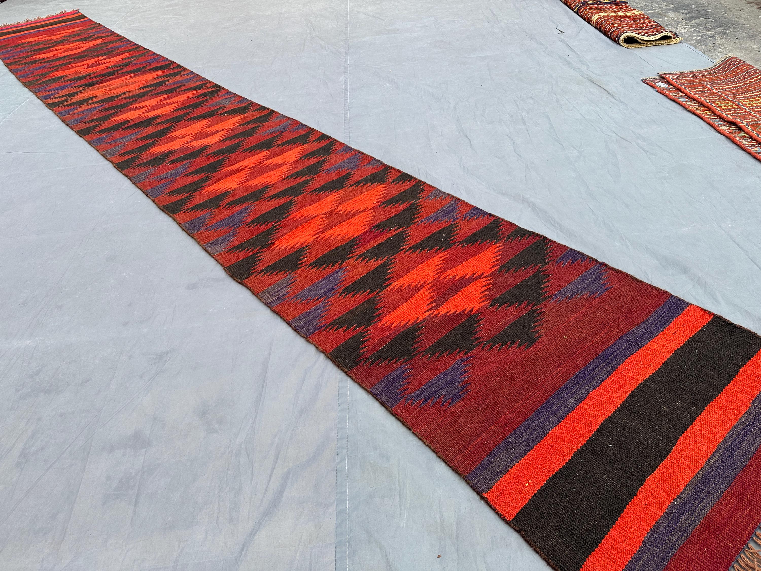 2x15 Long Kilim Runner | Handwoven Wool Afghan Tribal Rug | Red Geometric Flatweave Rug | Vintage Hallway Carpet Boho Decor, 15ft runner Rug