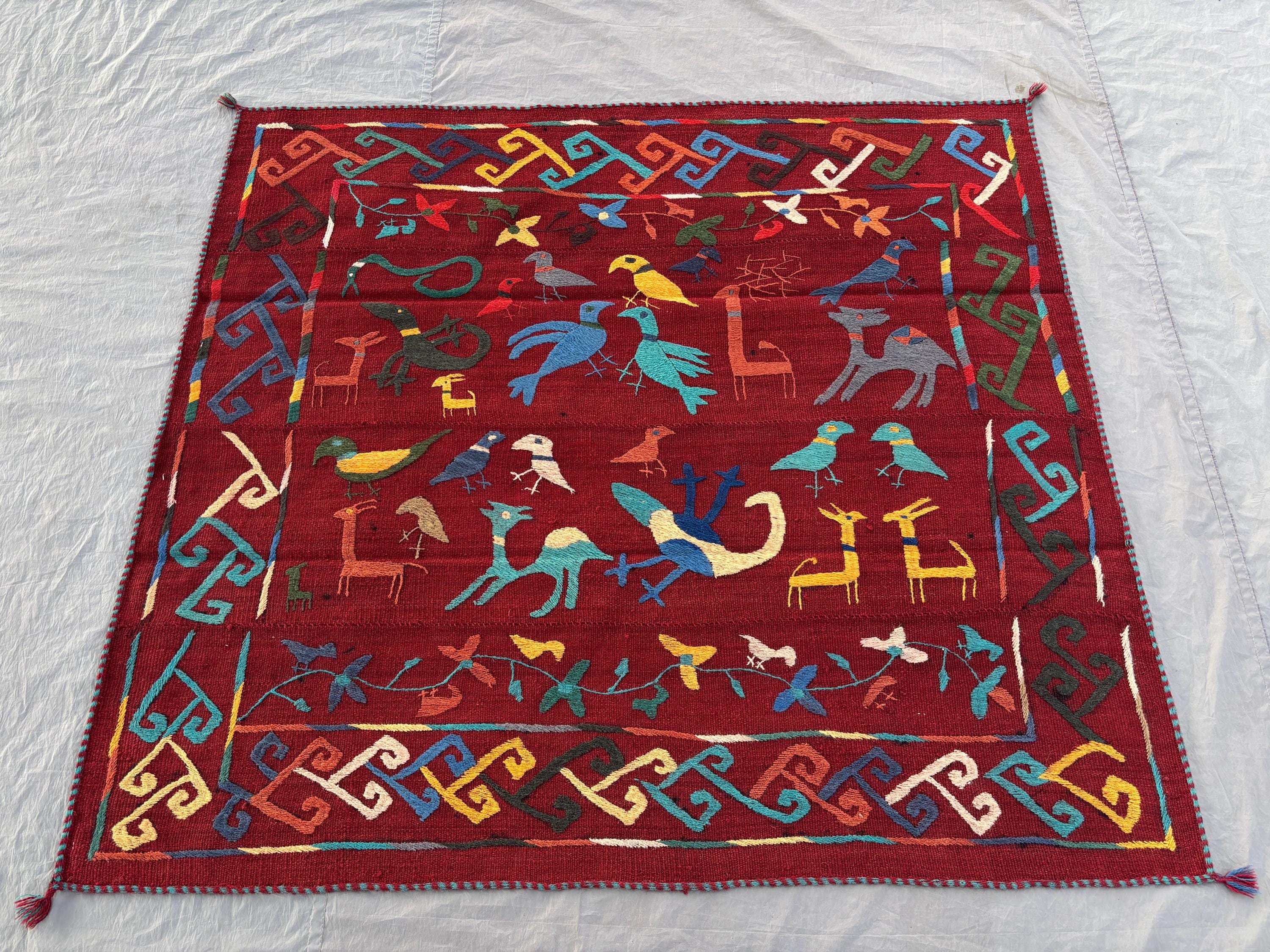 5.1 x 5.6 ft Afghan Hand Woven Vintage Unique Flat Weave Kilim One of a Kind Patchwork Animal Print Suzani Style Home Boho Decor