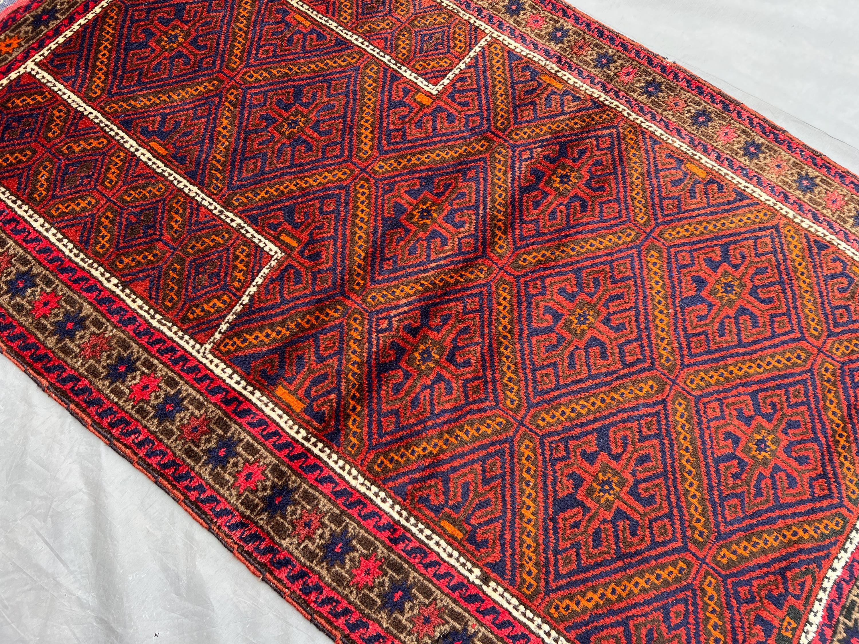 Vintage Afghan Baluchi Prayer Rug | 2'11x4'10 ft Hand Knotted Tribal Wool Carpet | Nomadic Small Geometric Rug