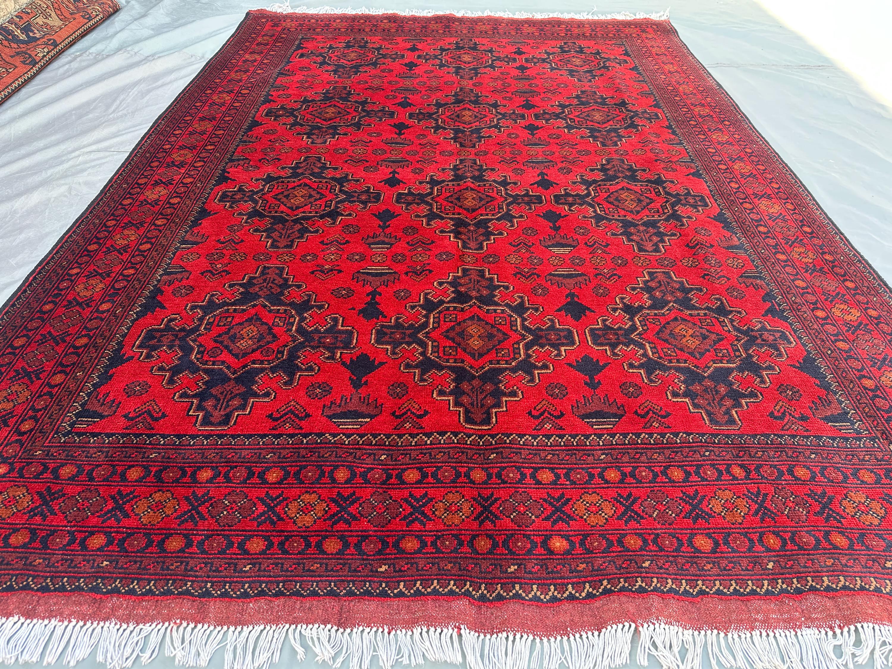 Vintage Afghan Red Rug 5'7x8'0 ft | Hand-Knotted Turkmen Bukhara Carpet | Tribal Wool Area Rug | Traditional N