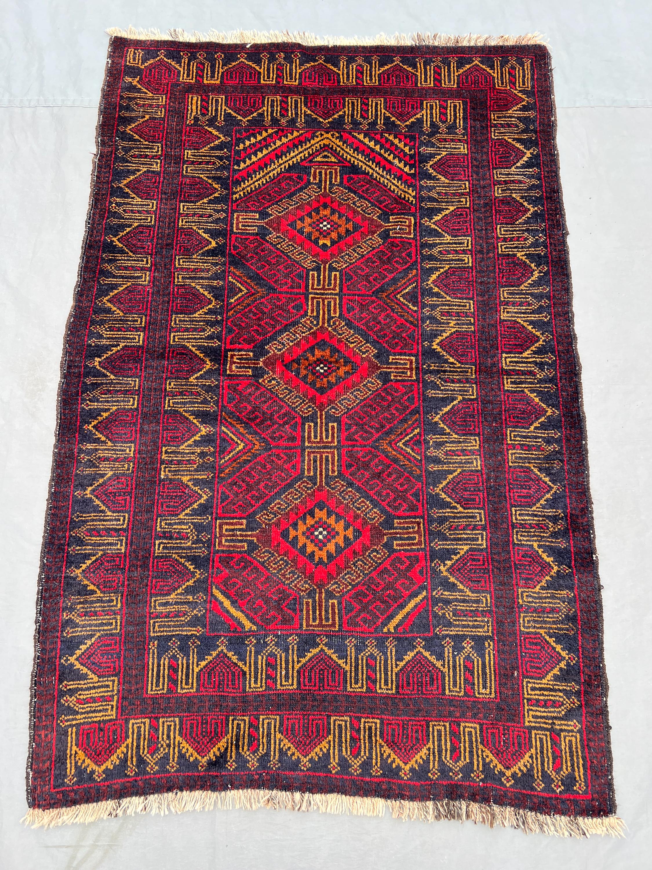 Vintage Afghan Rug 3x5 | Nomadic Fine Hand Knotted Wool | Moroccan Style Tribal Accent | Rustic Boho Small Area Decor Rug | Moss Rug