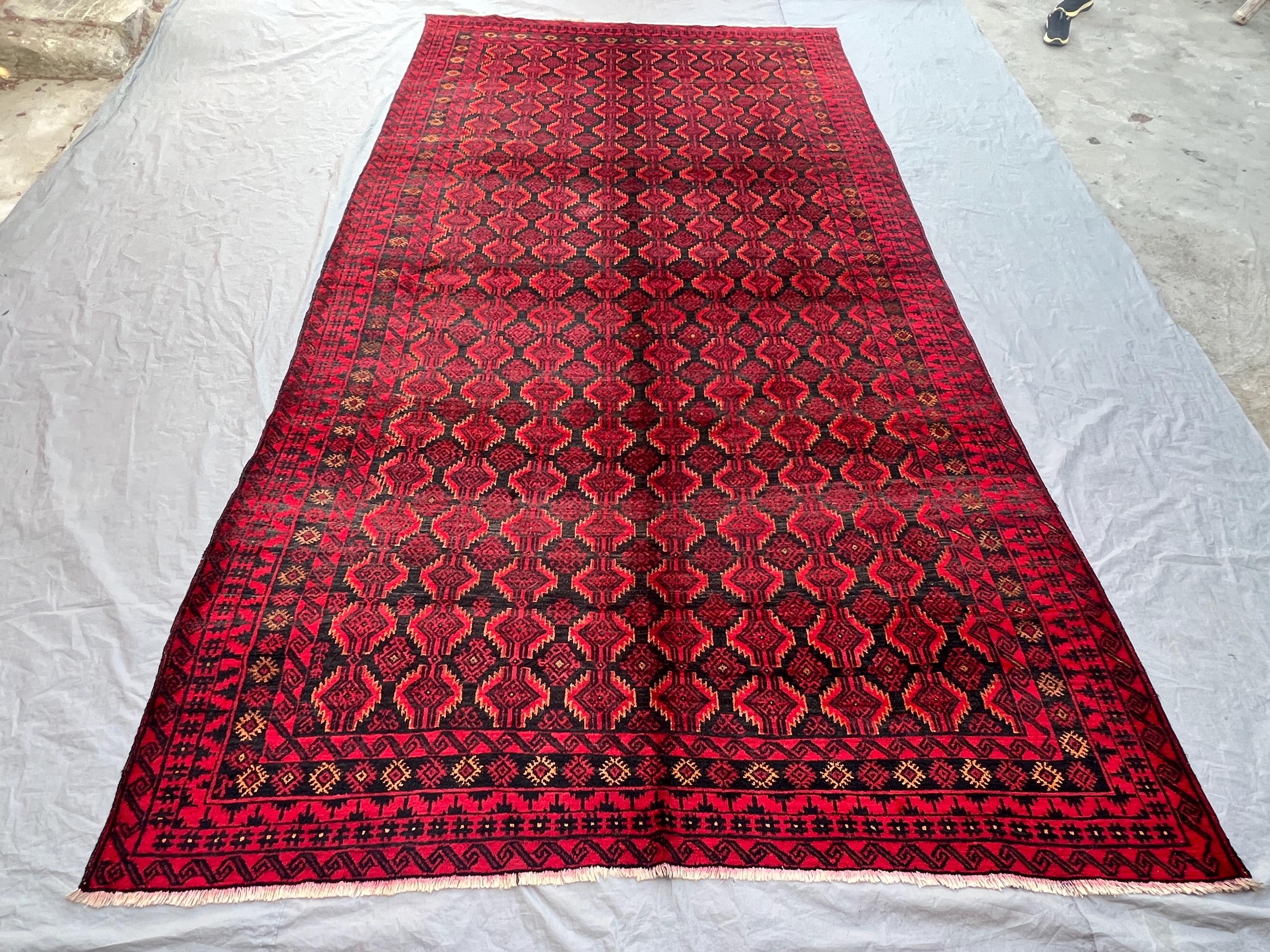 6'10x12'4 Ft Vintage Afghan Turkmen Ersari Handknotted Soft Pile Rug, All-Over Repeating Gul Red Black Wool |