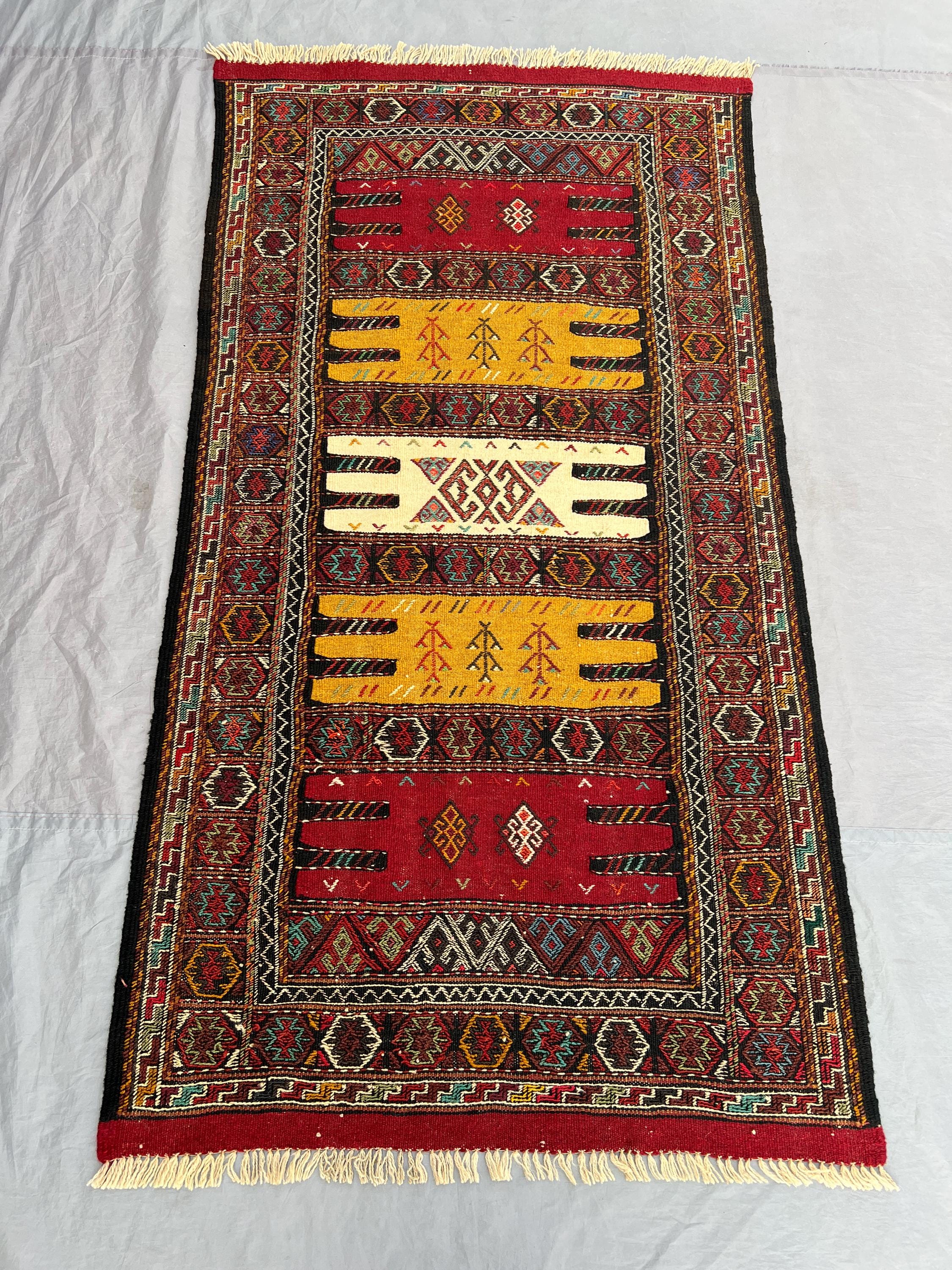 3'2x6 Ft Handmade Afghan Kilim Flatweave Rug Rich Red & Yellow with Geometric Patterns, Traditional Wool Liv