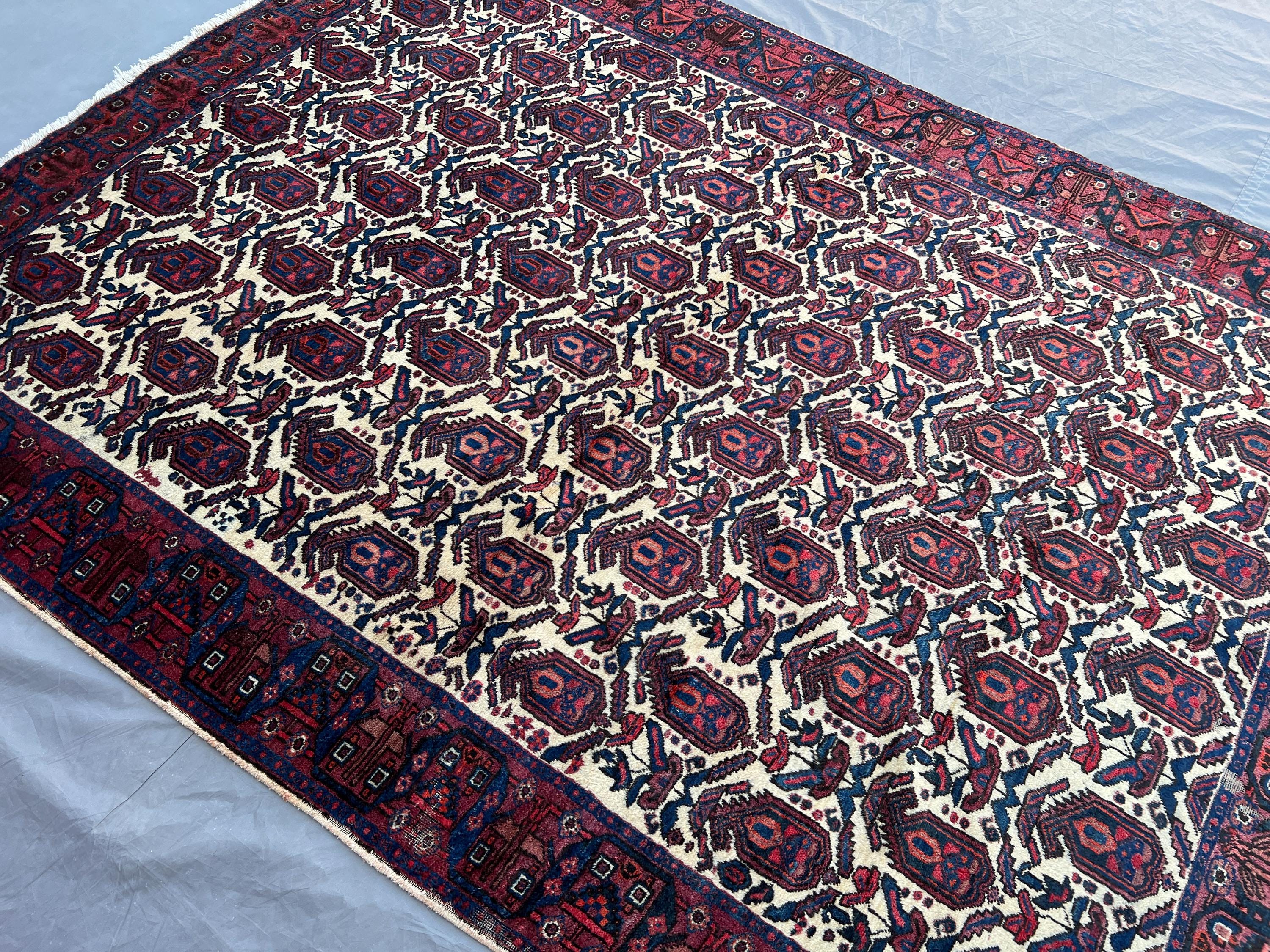 5'4x7'2 ft Antique Afghan Rug | Hand-Knotted Wool Carpet | Caucasian Style Vintage Tribal Area Rug | Red Navy Cream Geometric Pattern, Floor