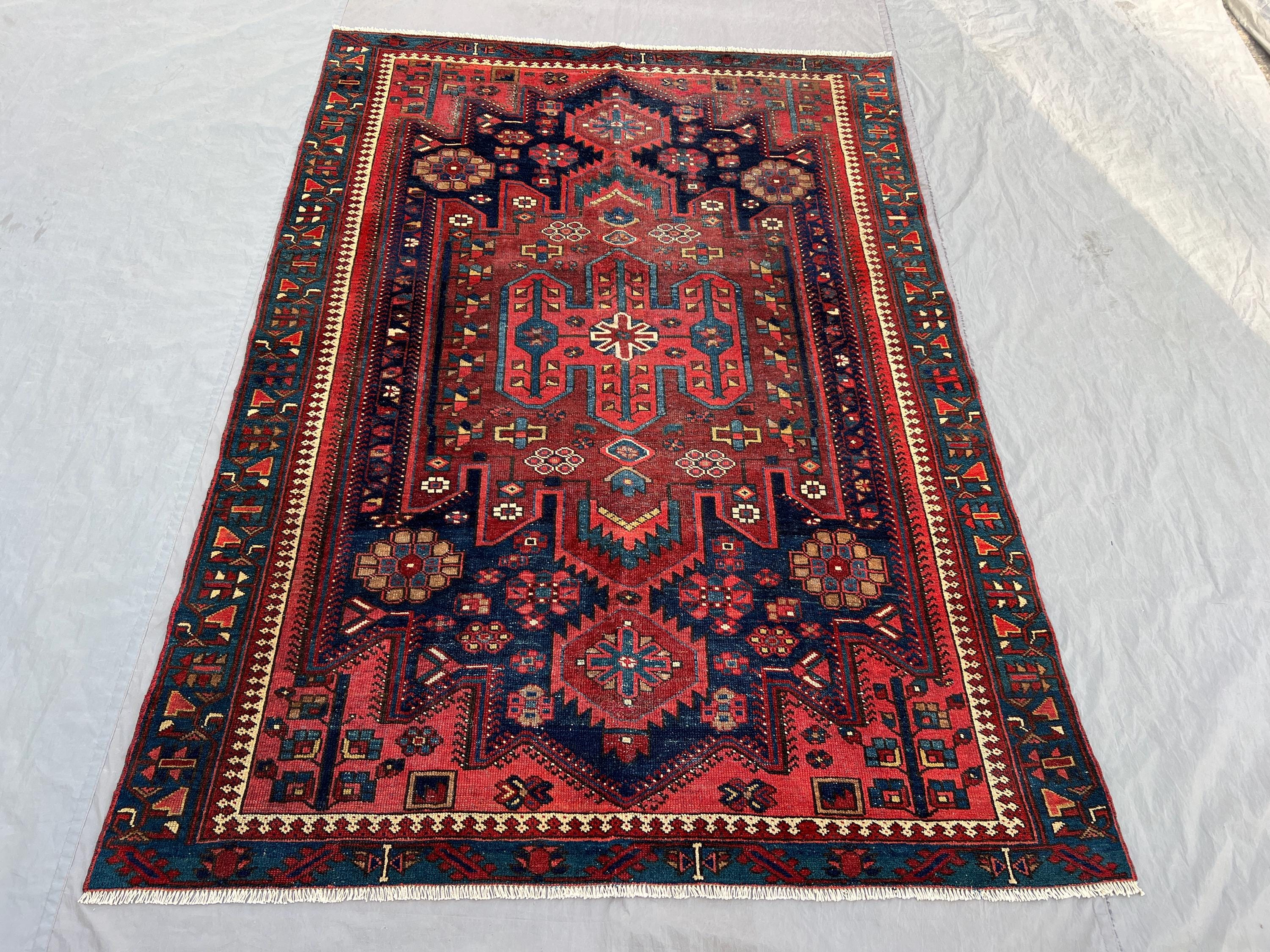 Red 4'11 x 6'9 ft Vintage Afghan Handknotted Rug, Soft Pile, Geometric & Tribal Design, Area Rug, Living Room, Bed Room Boho Décor