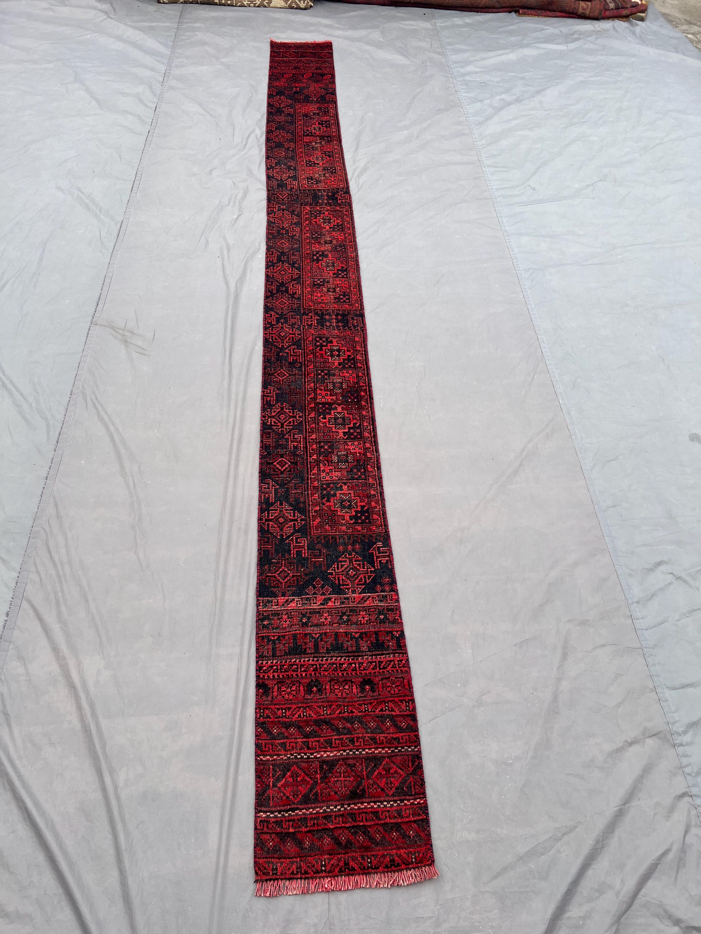 1x13 ft Vintage Afghan Runner Rug, Hand Knotted Wool Tribal Narrow Runner, Long Hallway Carpet, Rare Red Black Geometric Rug, Entryway Rug