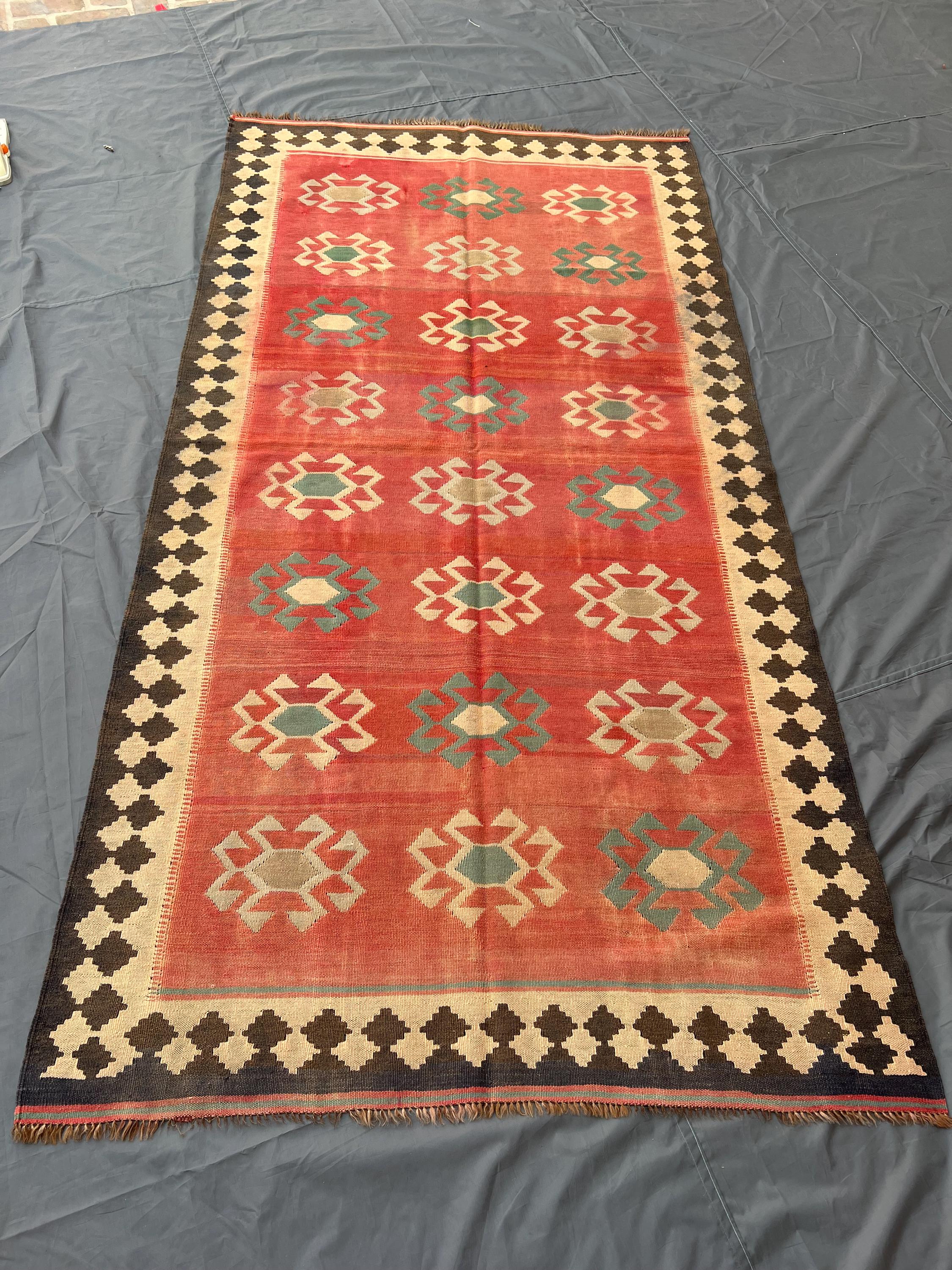 Rustic Red "6x10" ft Handwoven Vintage Turkish Flatweave Kilim Rug Distressed Tribal Carpet Geometric Pattern