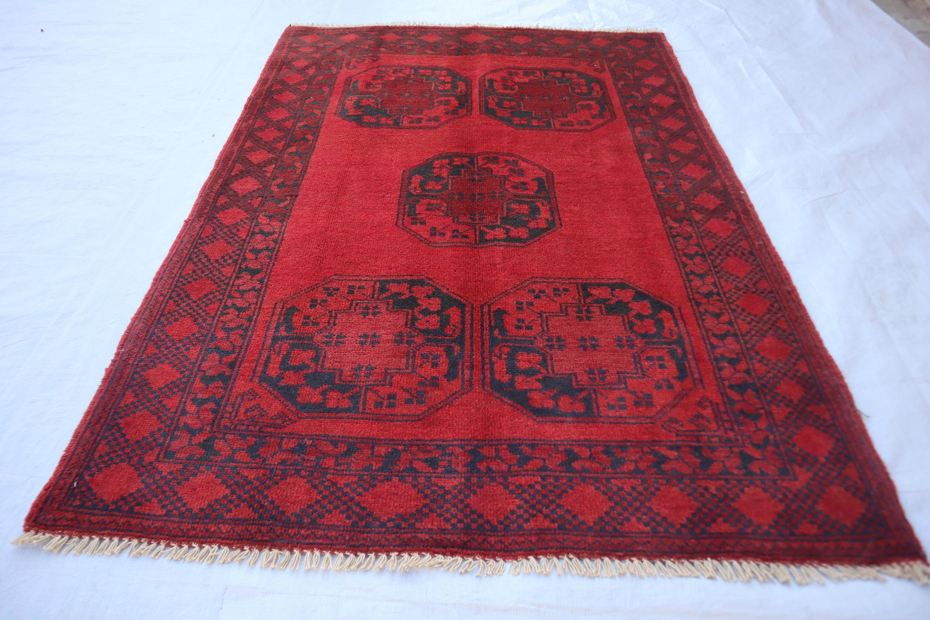 Modern Hand-Knotted Turkmen Bukhara Rug – Red, Geometric Pattern, Moroccan Style, 4x6 Fine Wool Rug, Home Décor" Nomadic Kitchen Rug