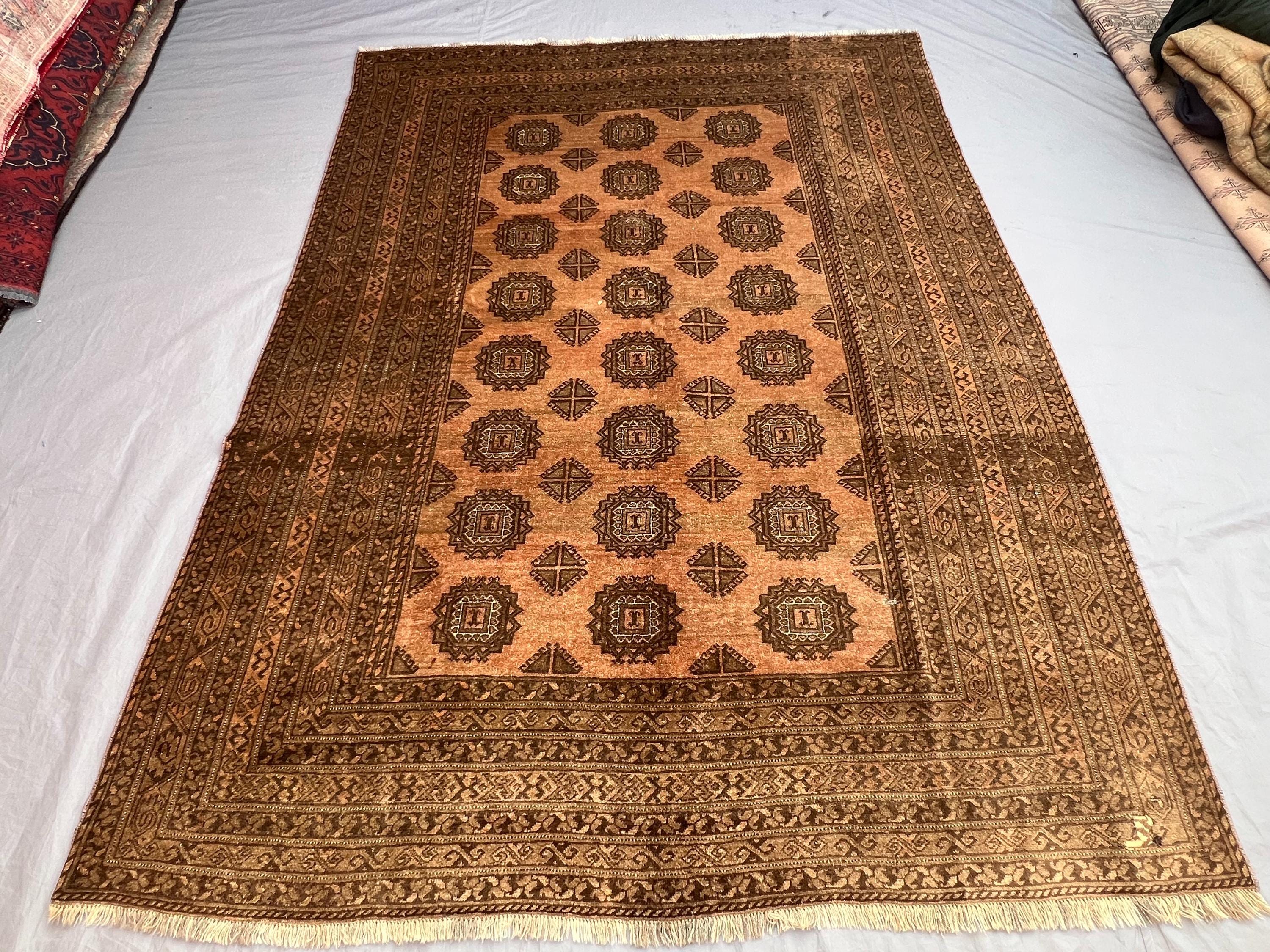 Vintage Afghan  Rug, Handwoven, Traditional Design, Warm Brown & Gold, Cozy Home Decor, Bohemian Area Rug, 6'8